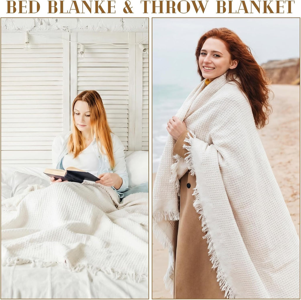 91x71 in Beach Blanket Picnic Blanket Cotton, Milky White, Waffle