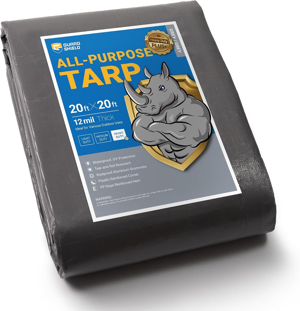 GUARD SHIELD Tarps Heavy Duty Waterproof Grey Plus+ 20x20 FT Large 12 mil