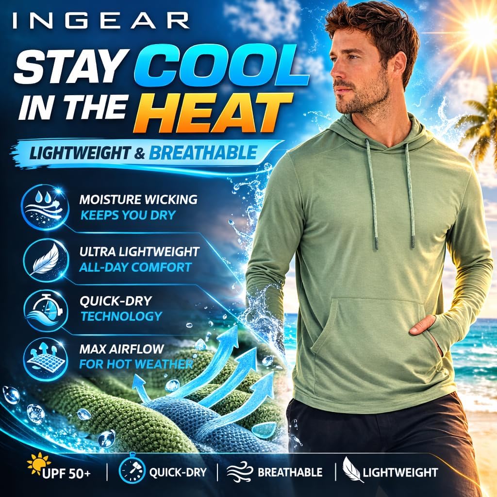 INGEAR Sun Shirts for Men - Lightweight SPF 50+ UV Protection Hoodie with Pocket for Fishing, Running, Hiking, Swim Rashguard Marina Blue