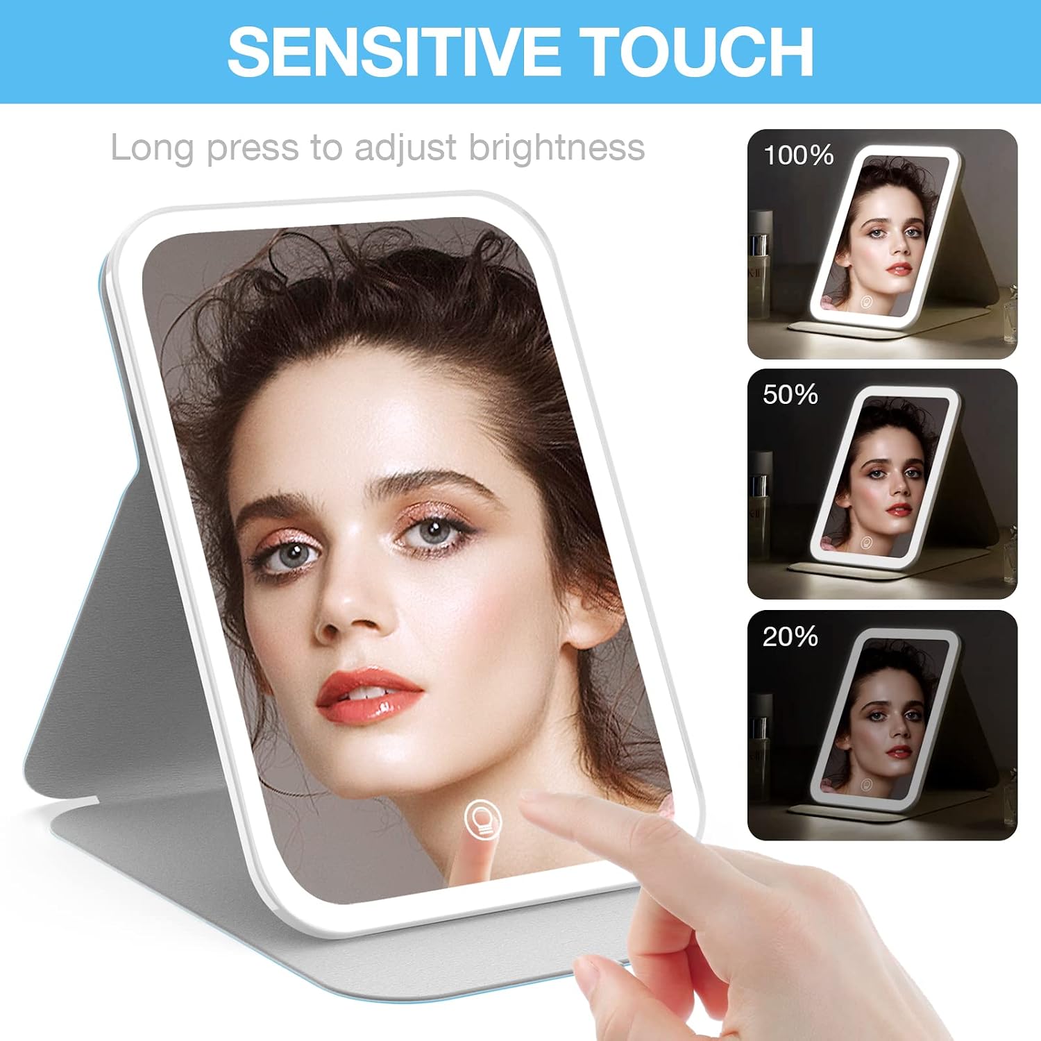 Kintion Travel Makeup Mirror, Portable LED Lighted Folding Mirror (Blue)