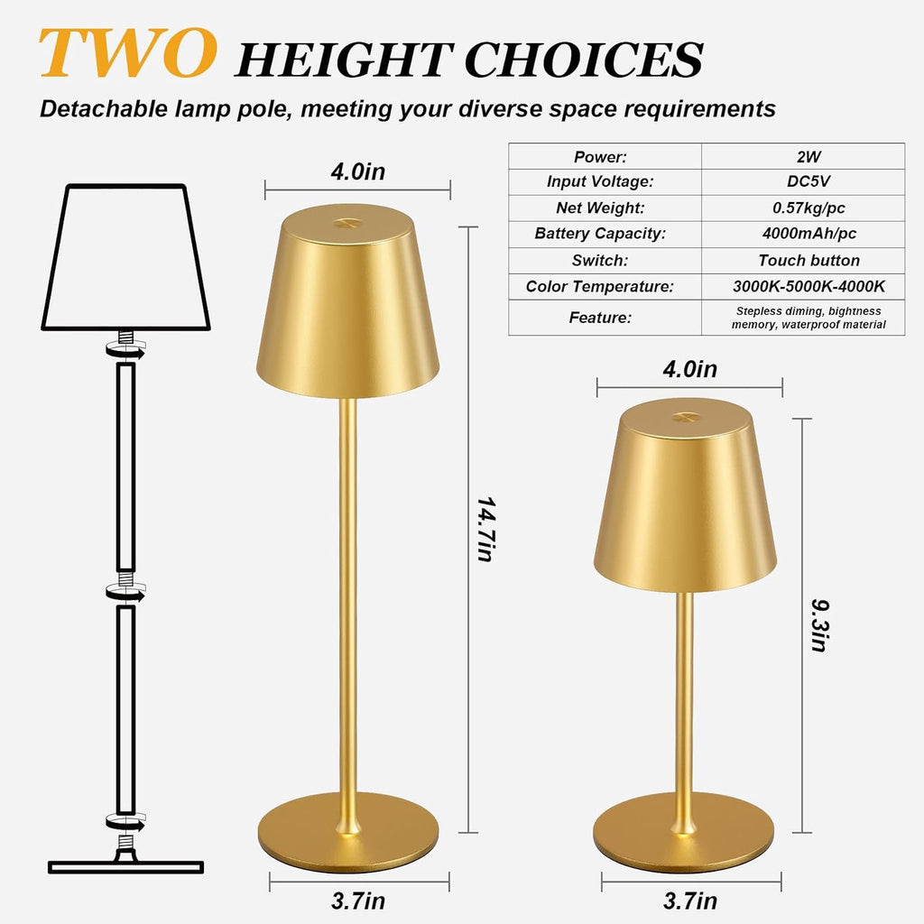 Cordless Table Lamp Rechargeable Gold - KK 2 Pack 5000mAH Battery Operated Lamp for Dining Table, 3 Color Stepless Dimming Wireless Lamp for Counter, Outdoor Patio, Touch Control, Water Repellent