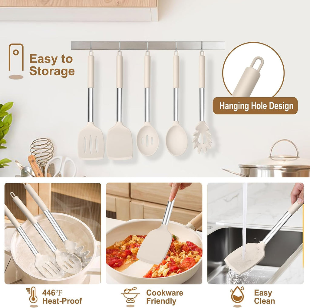 TeamFar Cooking Utensils Set, 5 PCS Silicone Kitchen Utensils, Khaki