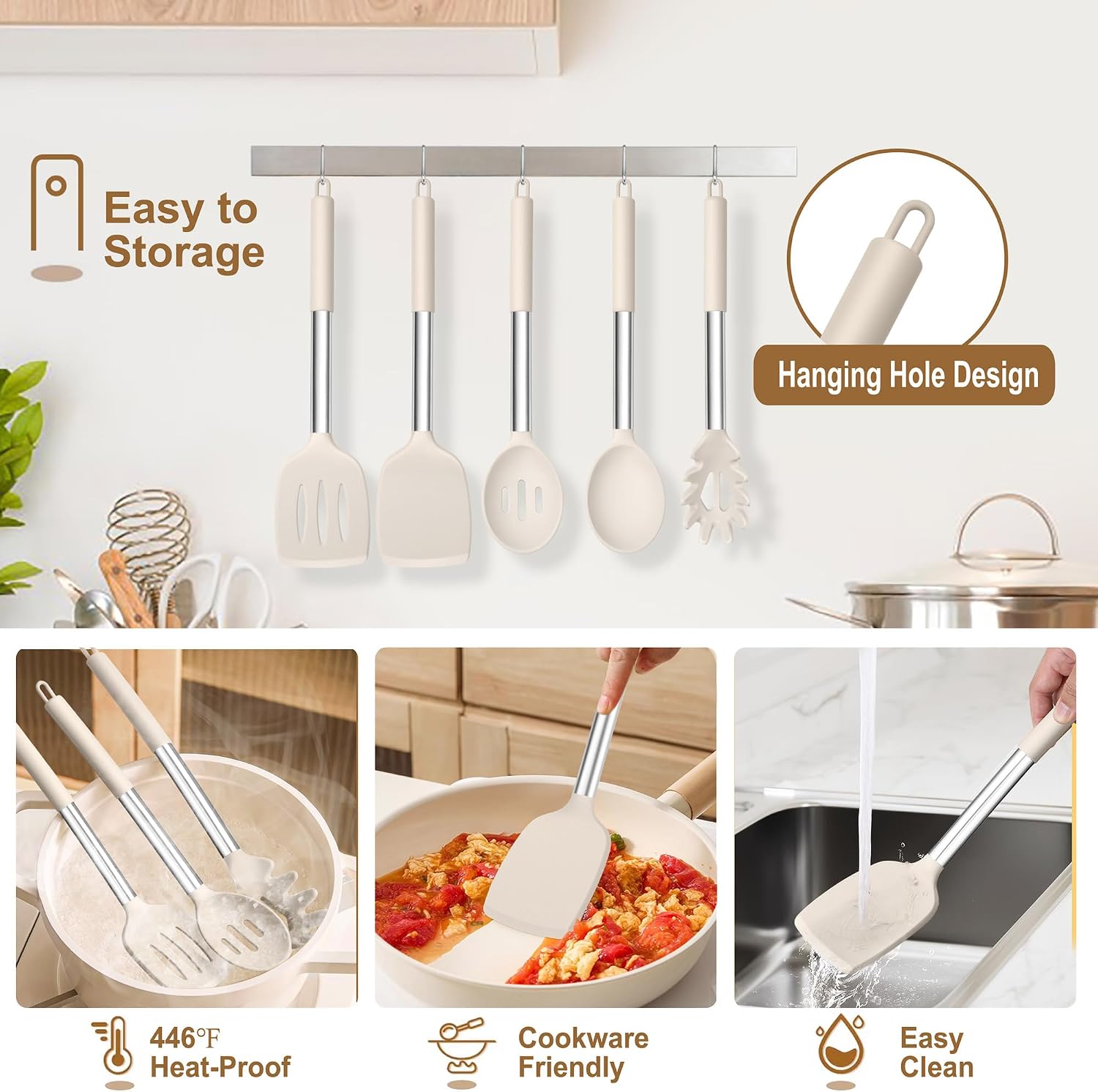 TeamFar Cooking Utensils Set, 5 PCS Silicone Kitchen Utensils, Khaki