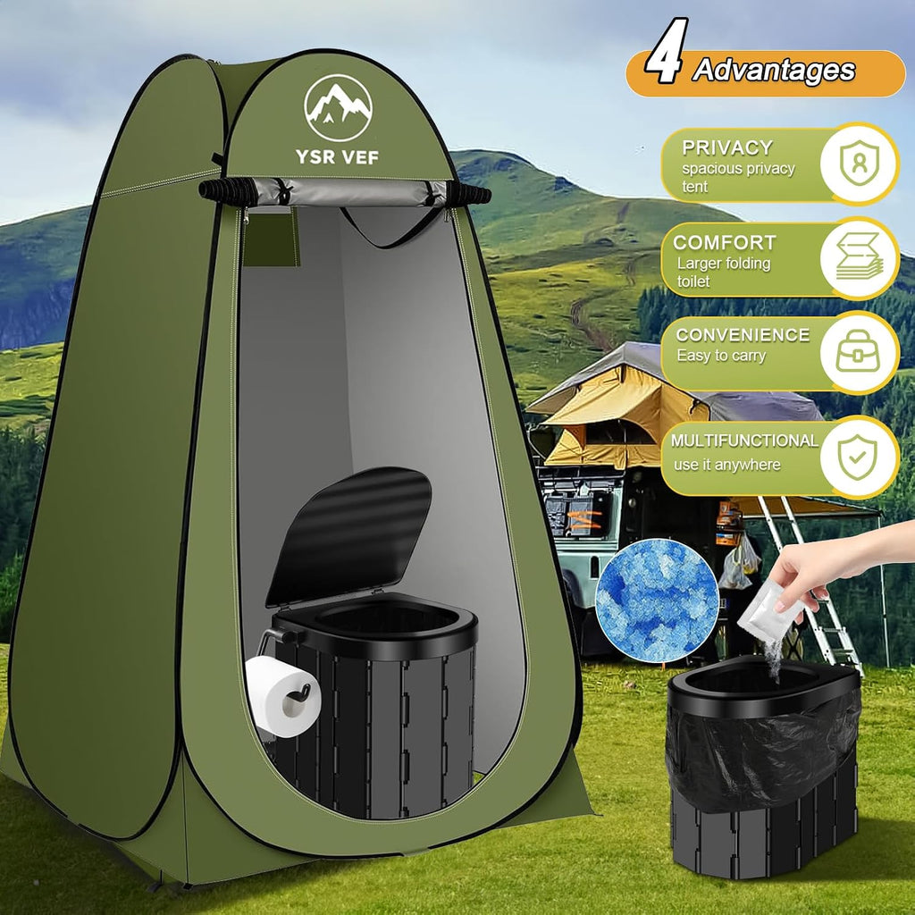 Portable Toilet Kit, Camping Toilet with Pop-Up Privacy Tent and Poo Gel Toilet Bags, Washable Portable Outdoor Showers Changing Rooms