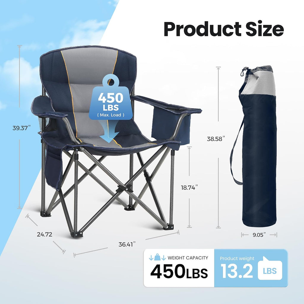 2 Pack Oversized Lawn Folding Camping Chair for Adults Support 450 LBS Blue