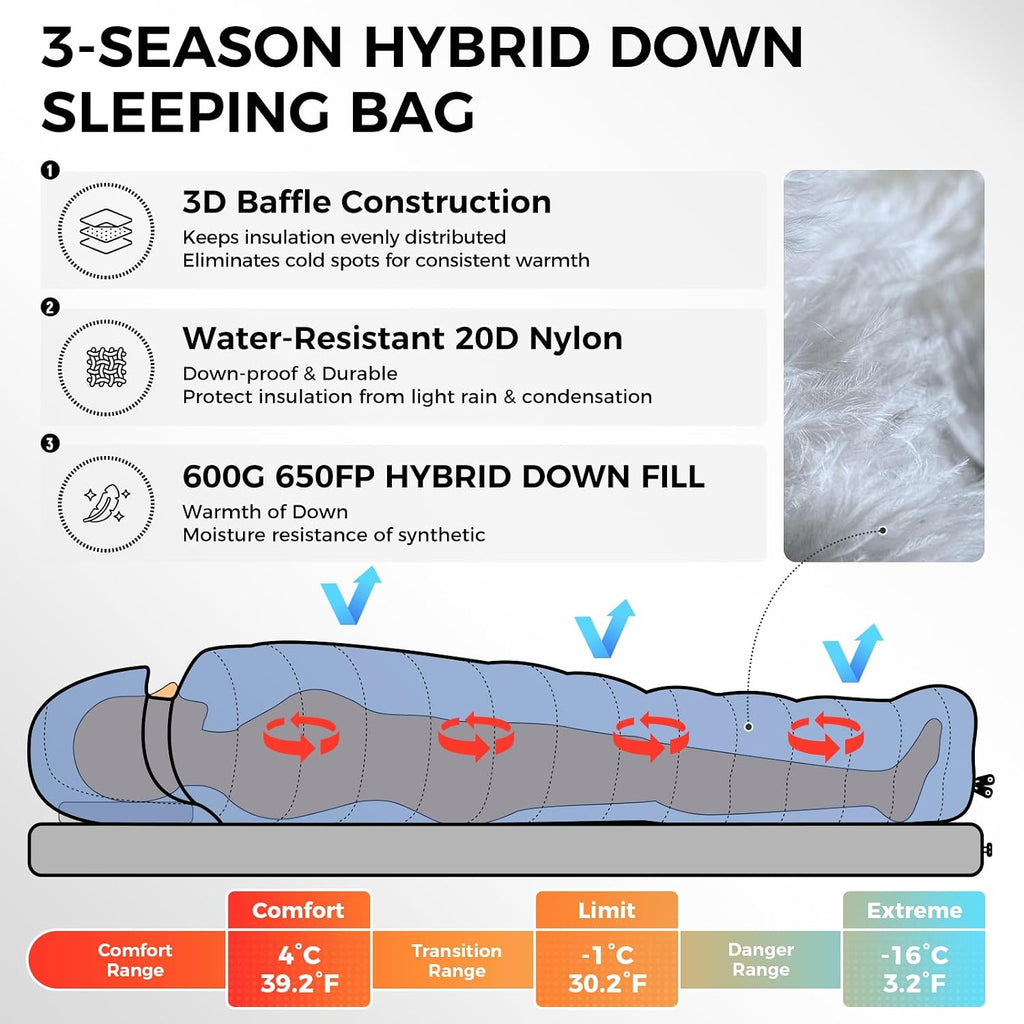 ATEPA 3-in-1 Hybrid Down Sleeping Bag, with Pad Attachment