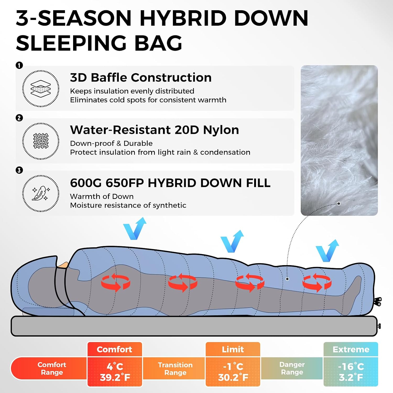 ATEPA 3-in-1 Hybrid Down Sleeping Bag, with Pad Attachment