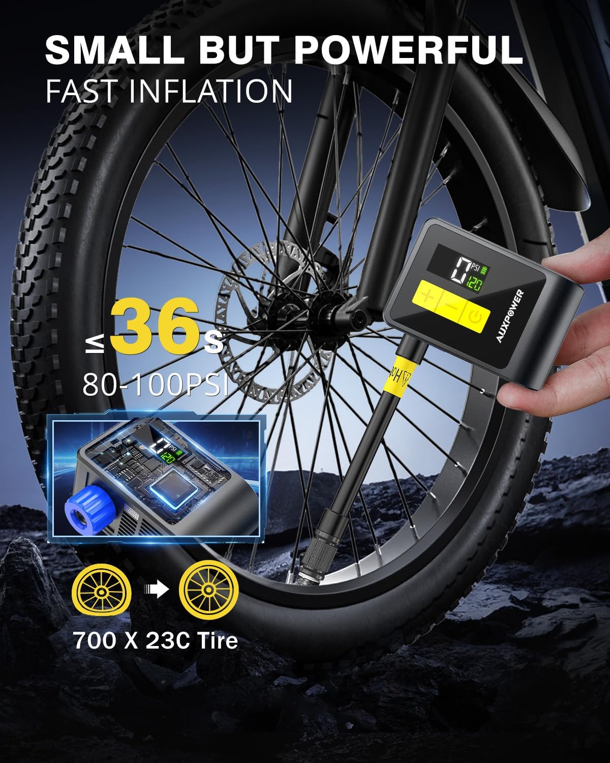 Auxpower BL03 Bicycle Pump with Pressure Gauge, 120PSI Electric Bike Pump with Presta and Schrader Valve, Auto Stop, Outdoor Camping Cycling Pump for Road, Mountain, E-Bike and Sports Balls