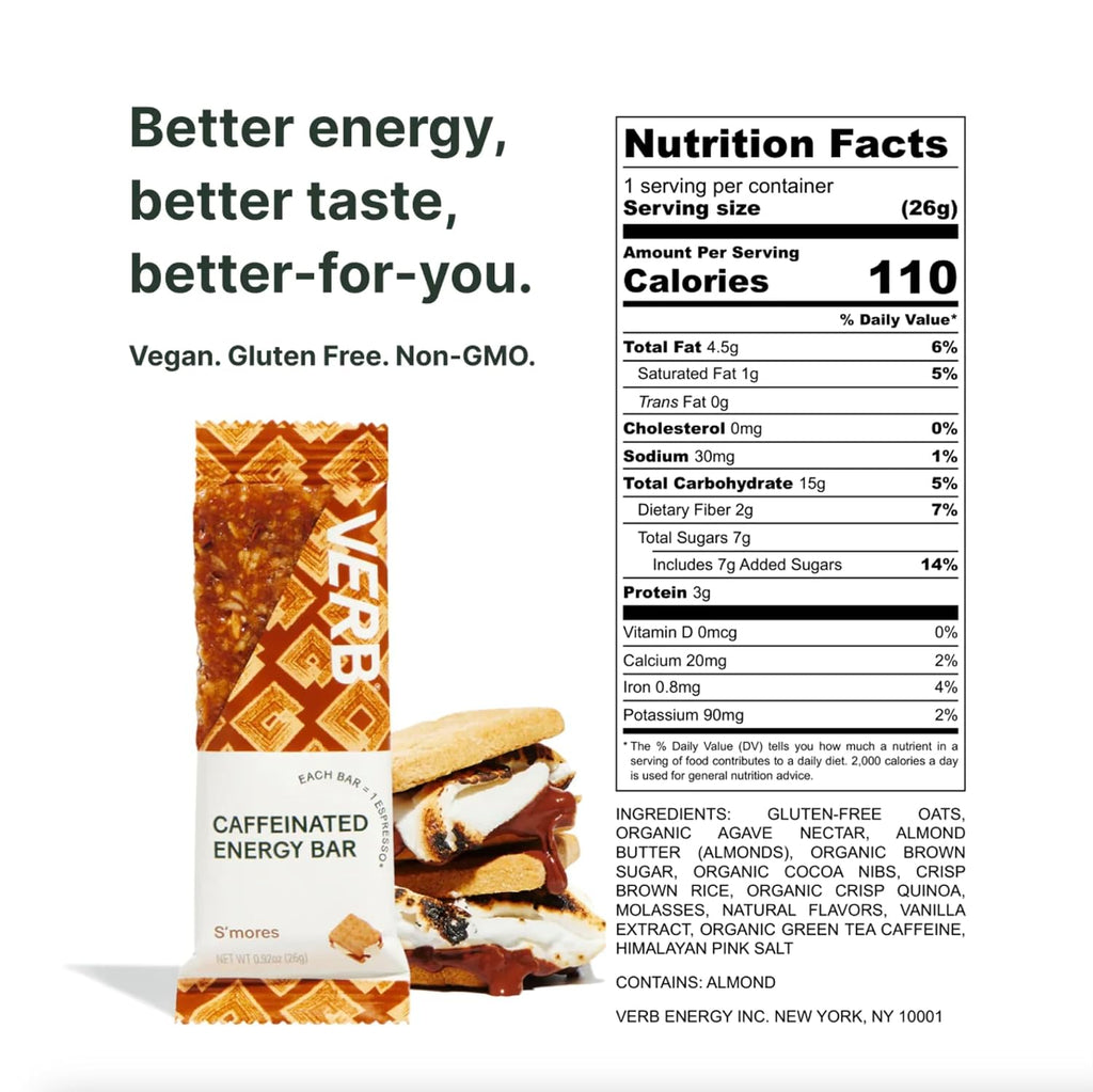 Verb Caffeinated Energy Bars Variety Pack - 2 Flavors (26g, Pack of 16)