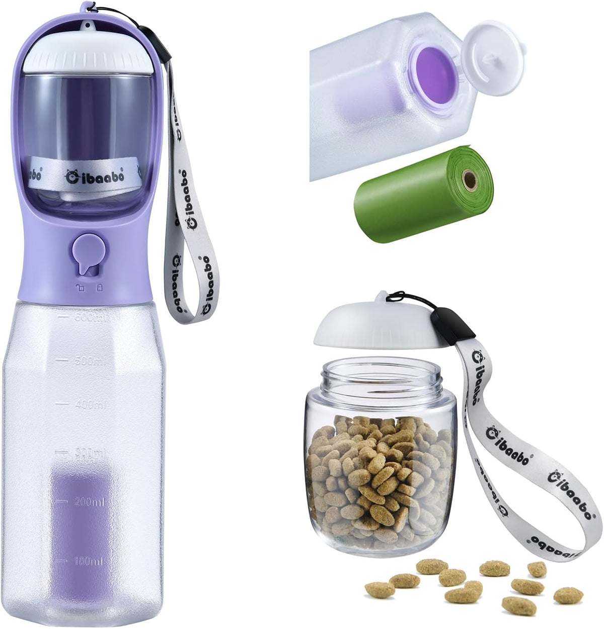 Cibaabo Dog Water Bottle with Food Container & Poop Bag Holder & Filter