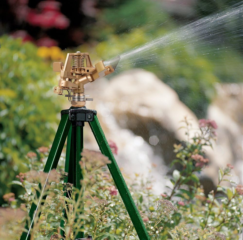 Orbit Tripod Lawn Zinc Impact Sprinkler - 360 Degree Rotating Yard Sprinkler with Adjustable Height - Heavy-Duty Zinc - High-Pressure Nozzle - for Large Lawn Coverage - 56667