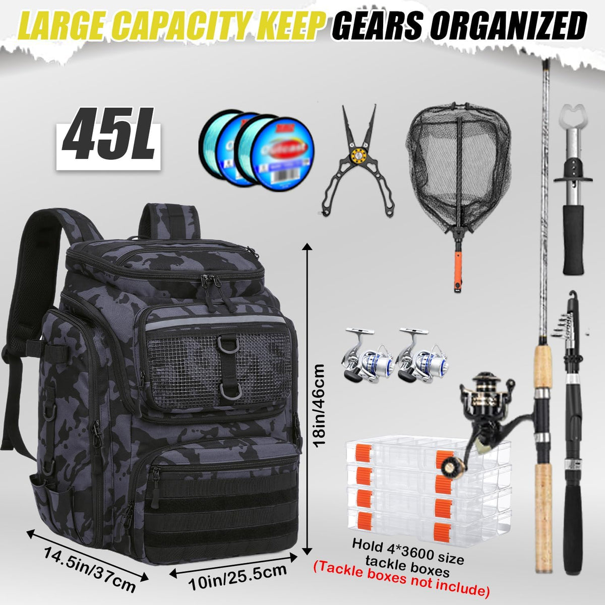 HAMBOLY 45L Fishing Backpack with Rod Holders & Built-in Foldable Divider