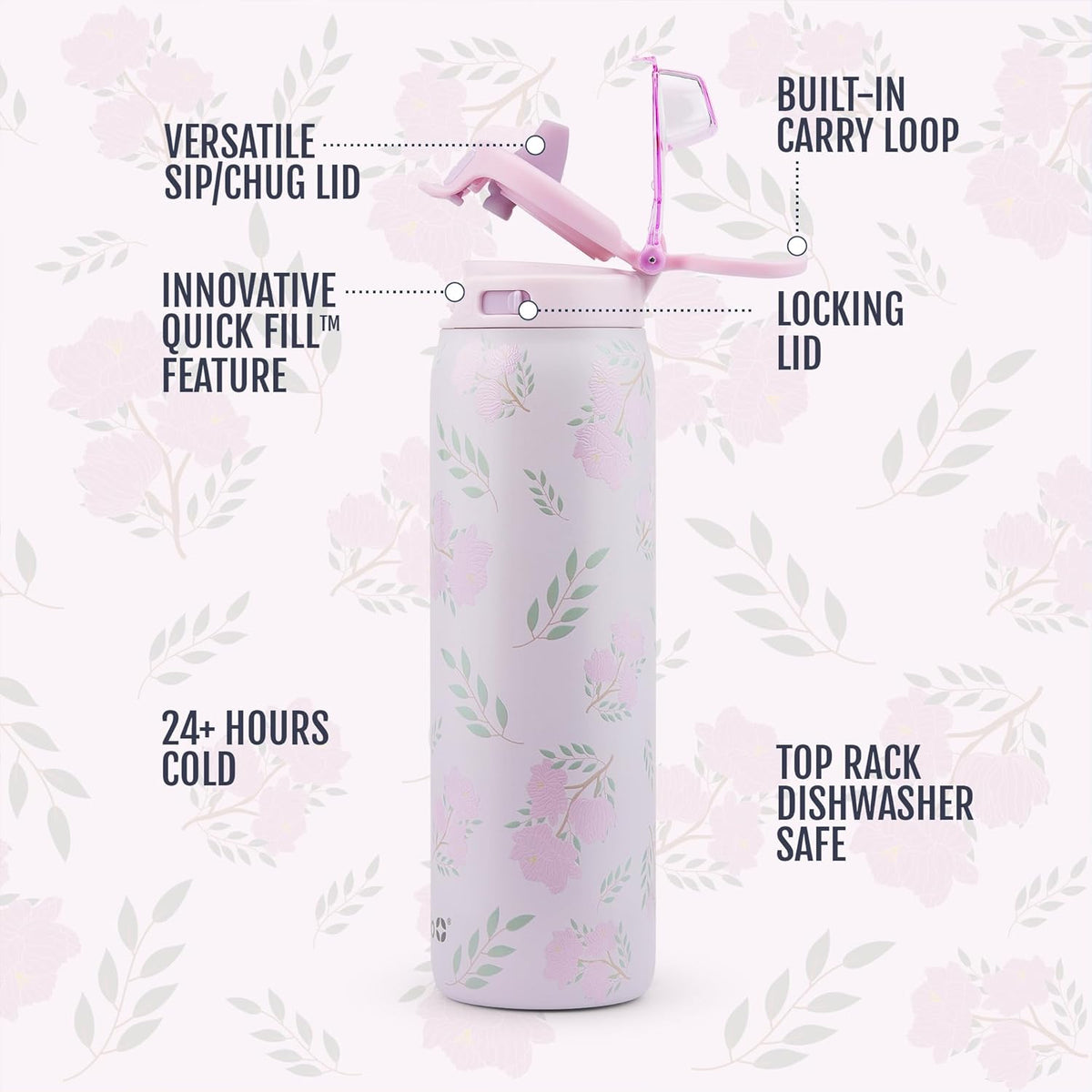 Ello Pop & Fill Insulated Stainless Steel Water Bottle with Quick Fill Lid, Leakproof Locking, Sip or Chug Spout, BPA-Free, Double Wall Vacuum Insulated for Sports, Travel & School- 22oz / 32oz / 40oz