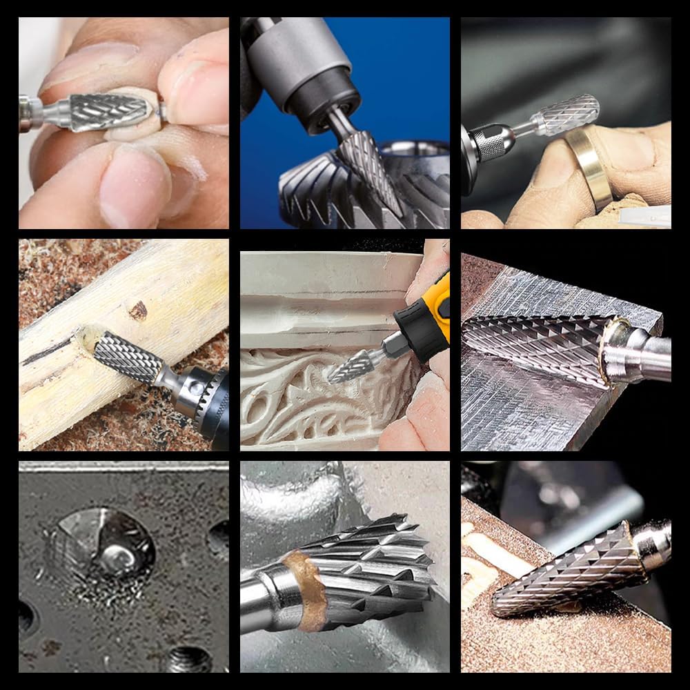 HIDOTOL Carbide Burr Set 1/4" Shank 10PC Tungsten Double Cut Carbide Rotary Burr Set for Metal and Wood Carving, Grinding, Polishing, Engraving, Drilling in Wooden Case.