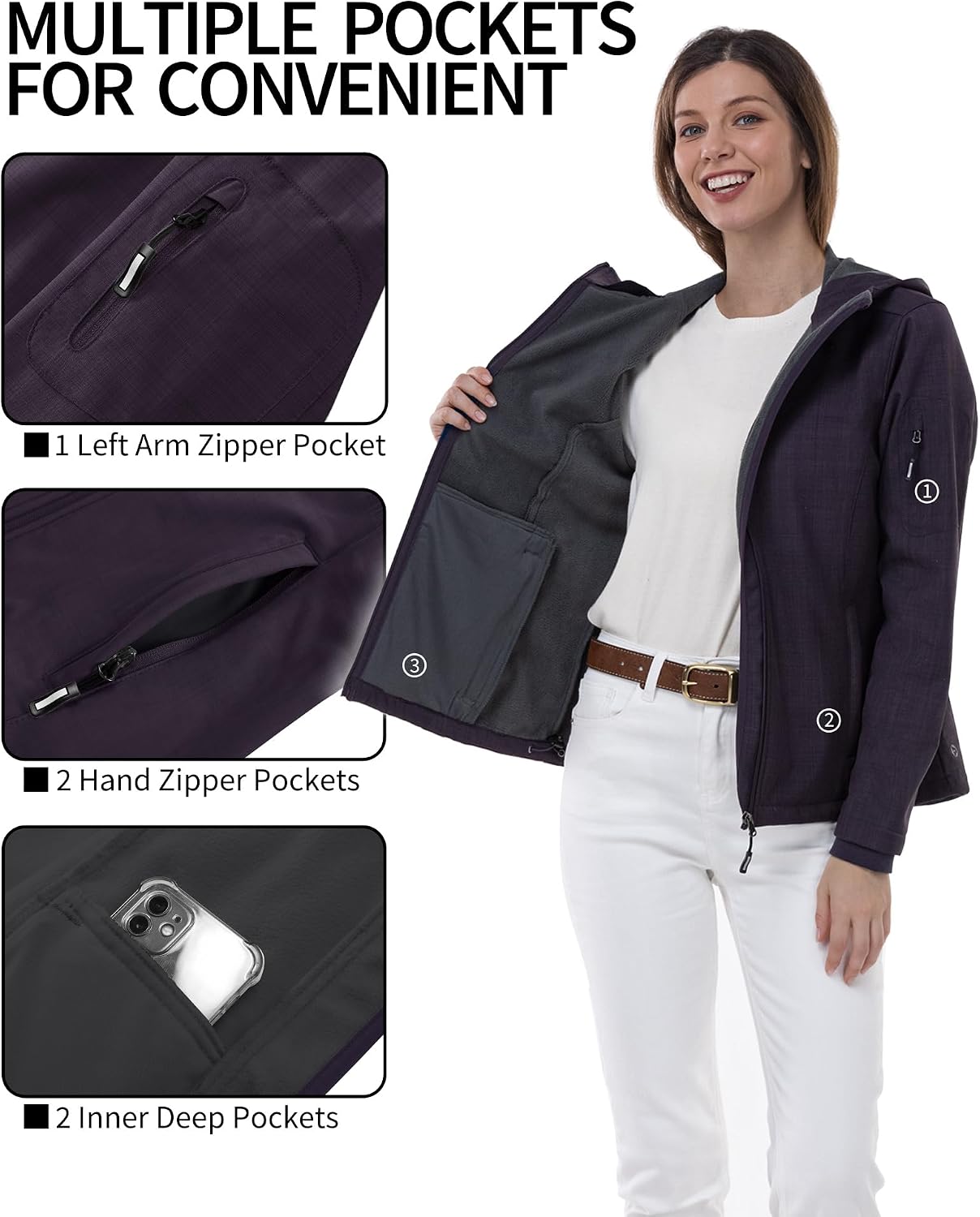 Outdoor Ventures Women's Softshell Jacket Fleece Lined Waterproof Rain Coat