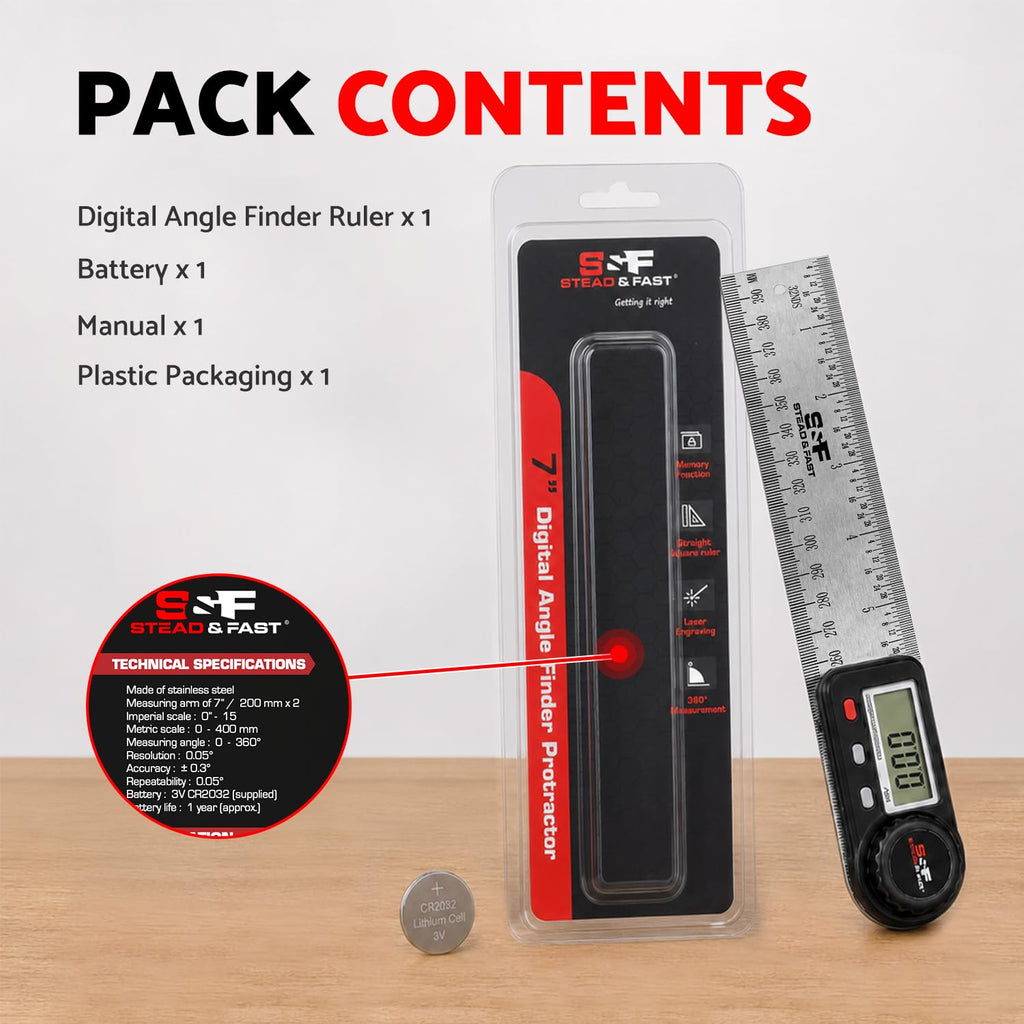 S&F STEAD & FAST Stainless Steel Digital Angle Finder Tool, 7 Inch / 200 mm