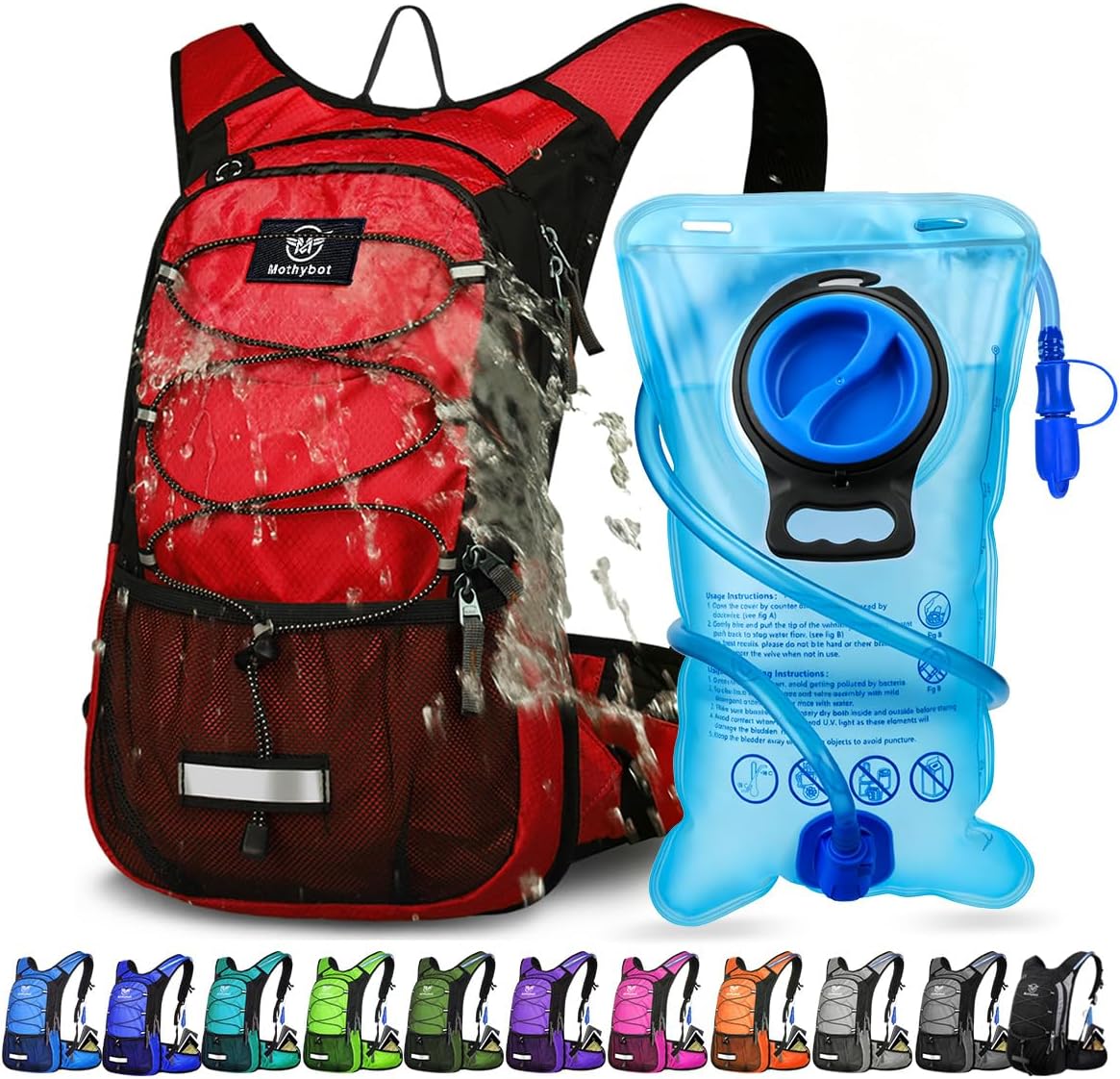 Mothybot Insulated Hydration Backpack Pack with 3L BPA Free Leak Proof Water Bladder, Large Storage Lightweight Hiking Daypack with Waist Pouches & Cooler Layer, for Running, Biking, Camping, Festival