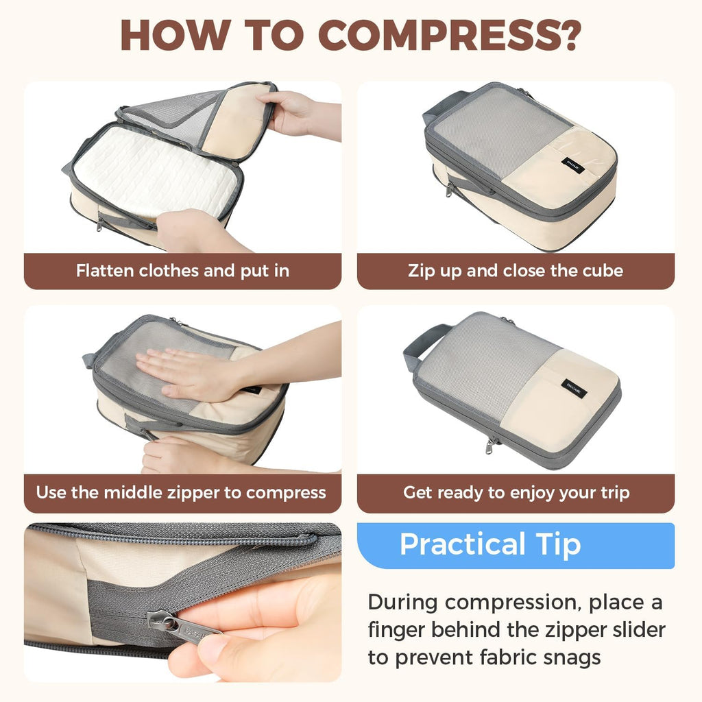 BAGAIL Lightweight Compression Packing Cubes for Travel, 6 Set, Beige