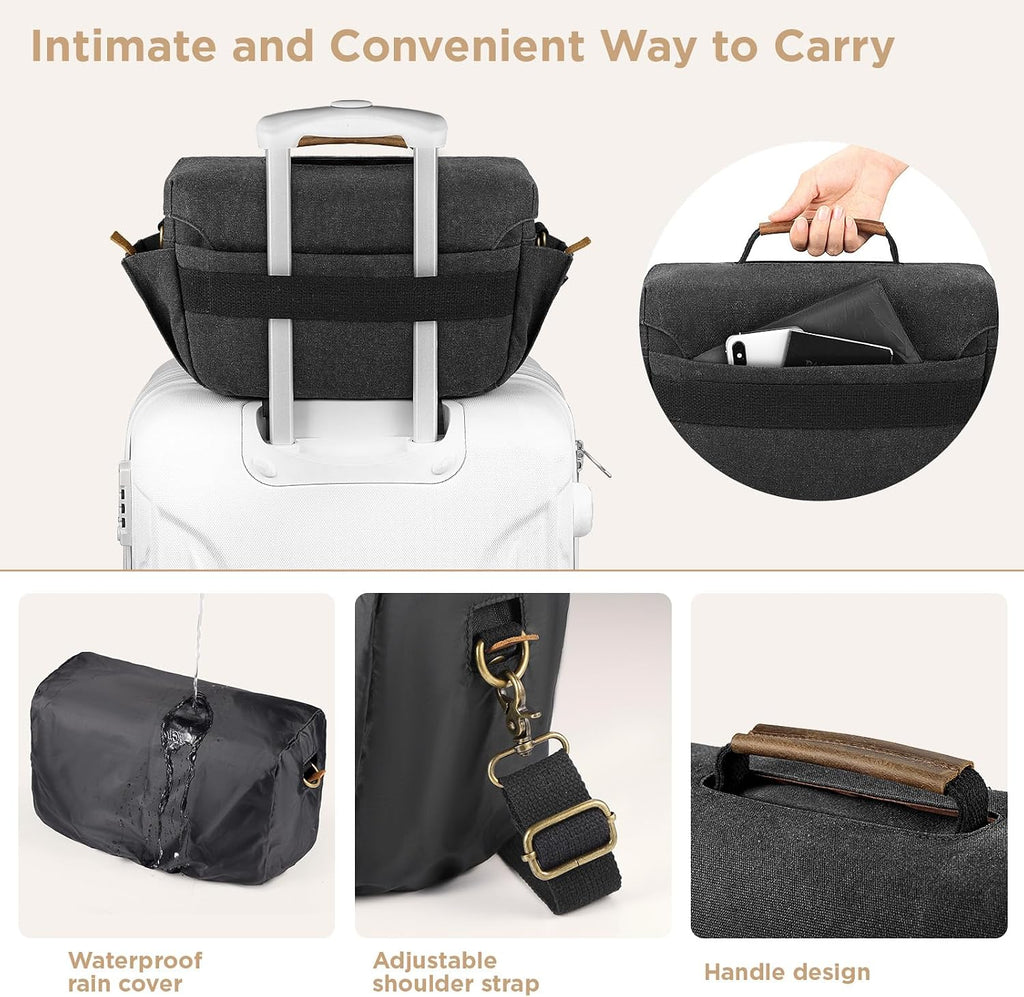 SMRITI Canvas DSLR Camera Bag Crossbody, Waterproof Messenger Camera Sling Bag for Photographers, Small Camera Bag with Rain Cover, Travel Shoulder Camera Case for Cannon Nikon Sony (Black)