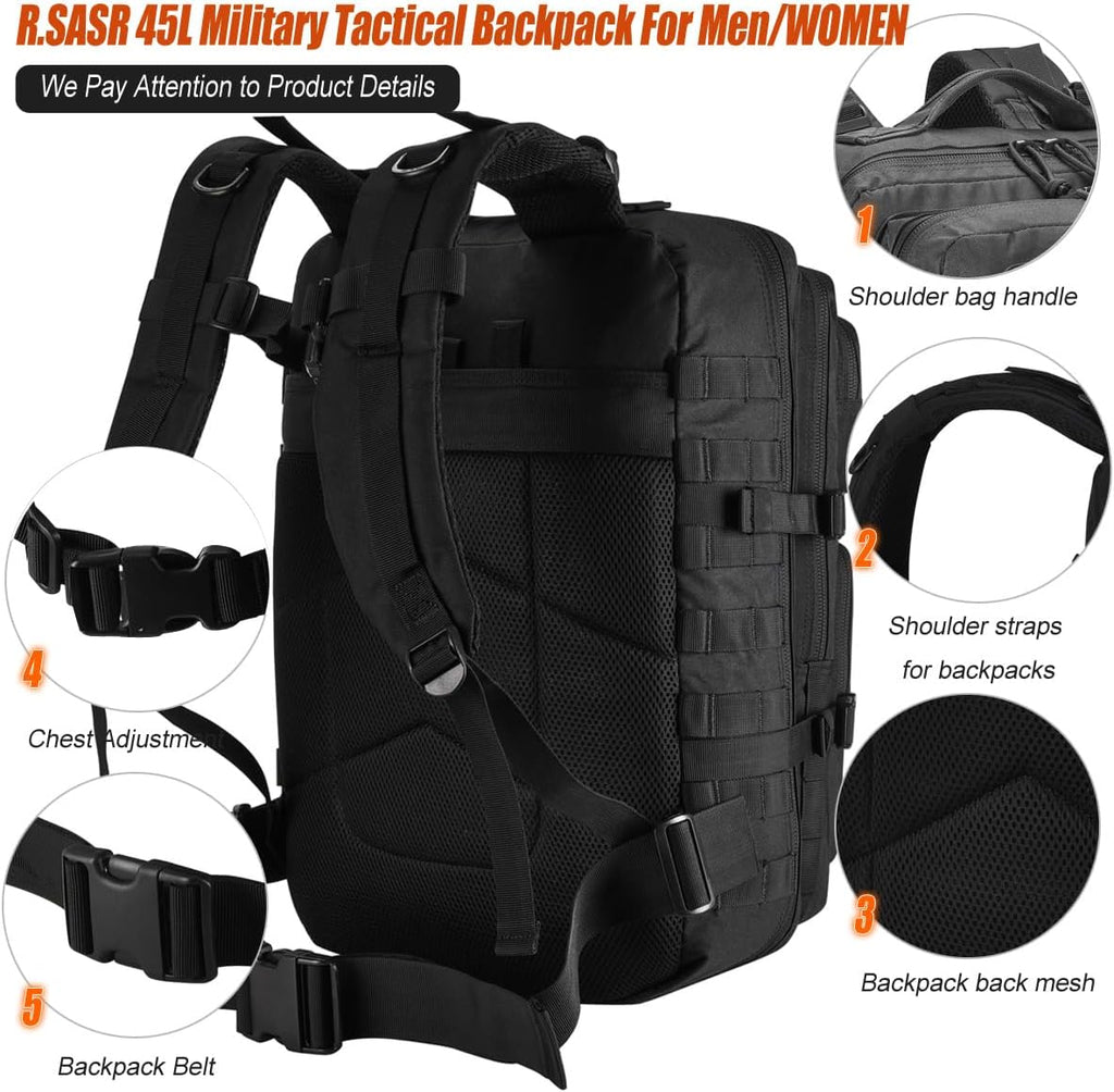 45L Tactical Backpack for Men Women, Military Assault Pack with MOLLE, Large 3 Day Bug Out Bag for Hiking Camping