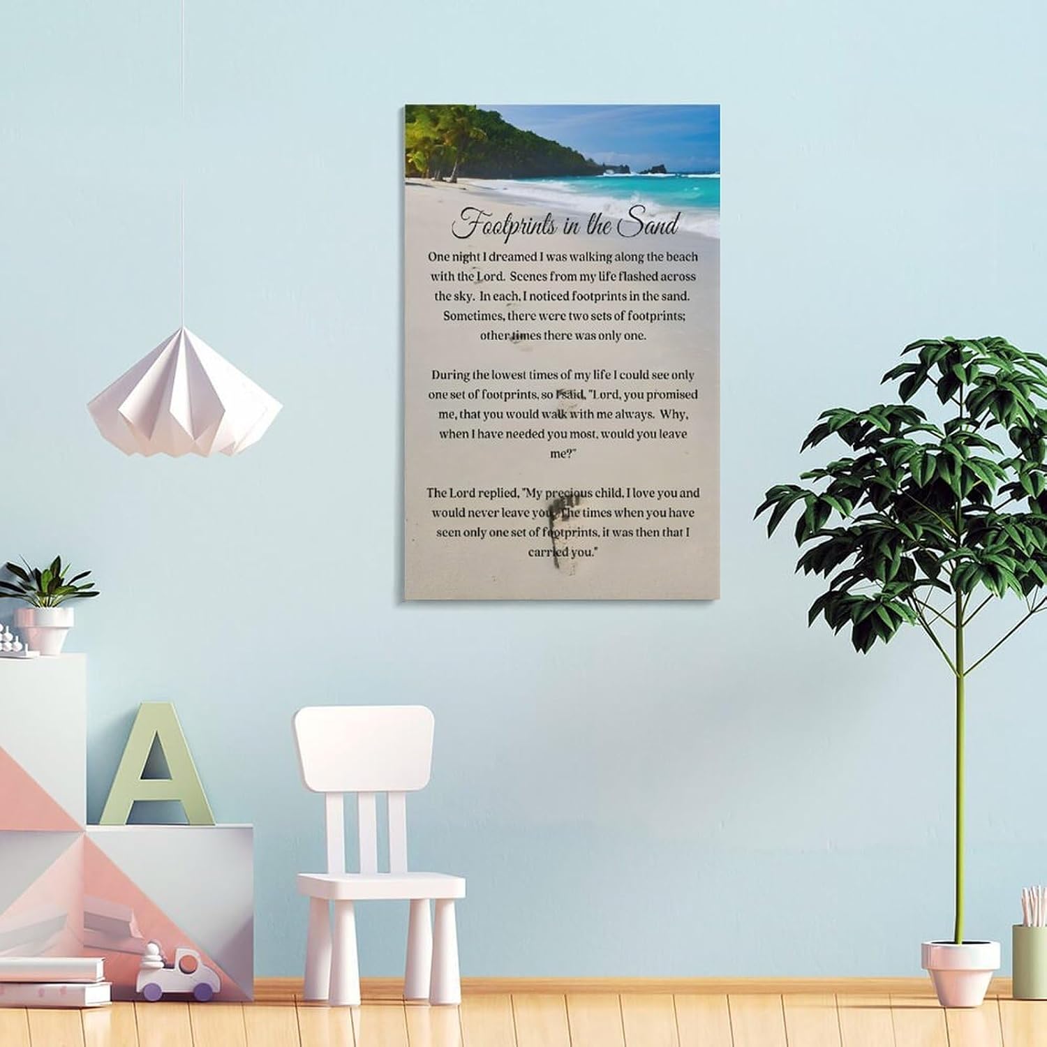 Footprints in the Sand Religious Canvas Wall Art Posters, Inspirational Beach Sunset Poem Print Poster (Framed 12x18inch, Footprints(4))