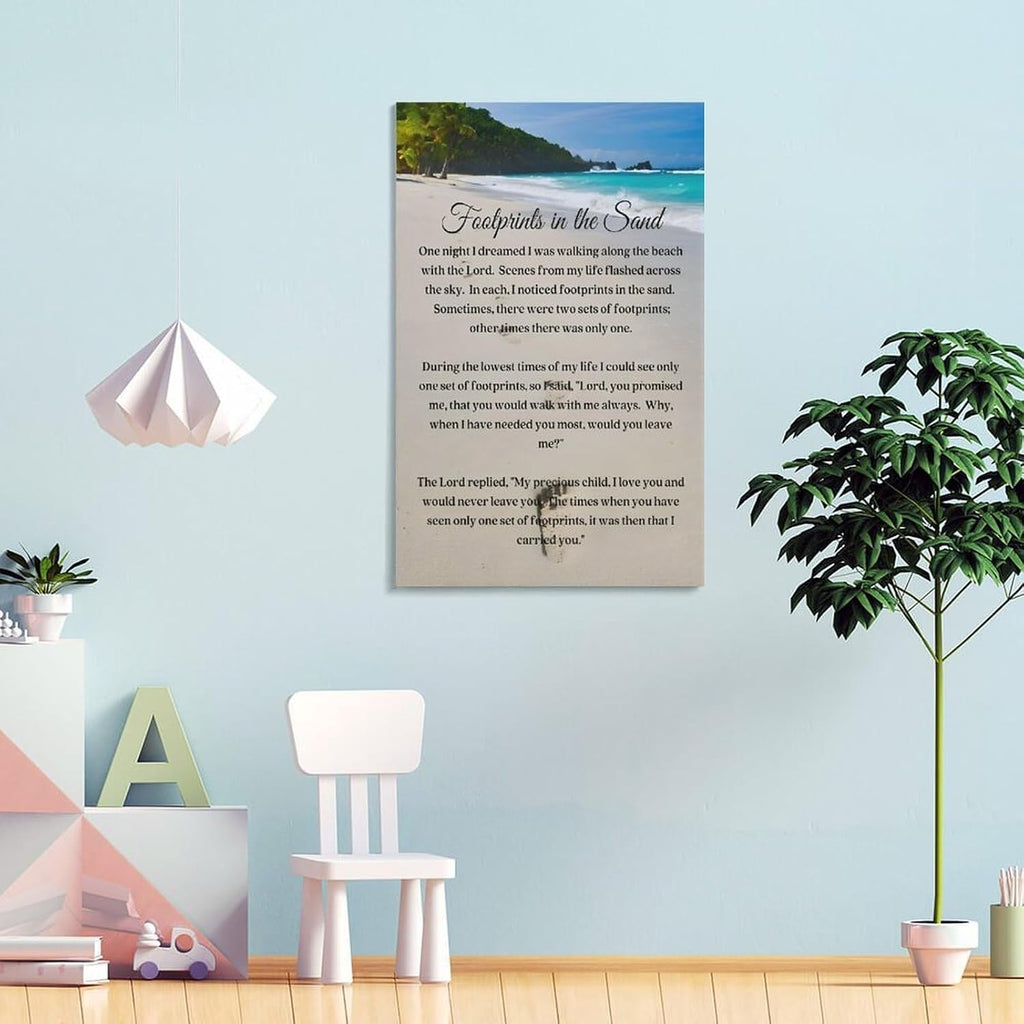 Footprints in the Sand Religious Canvas Wall Art Posters, Inspirational Beach Sunset Poem Print Poster (Framed 20x30inch, Footprints(4))
