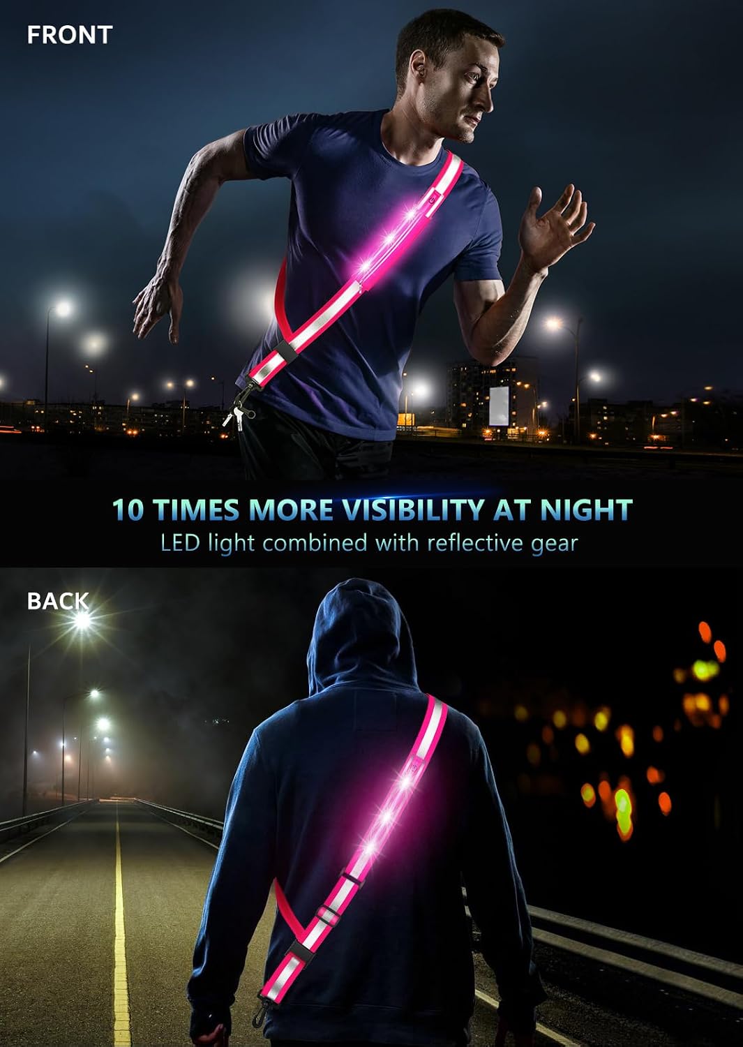 Fokia Kunbio LED Reflective Belt Sash for Walking at Night,Running Safety Gear LED Light Up Running Belt for Runners Walkers