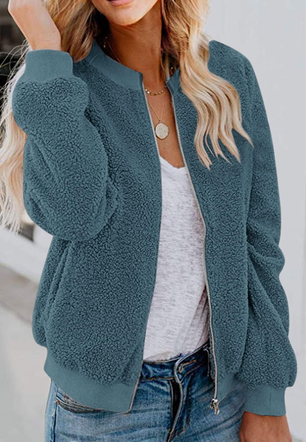 MIROL Women's Fall Fleece Bomber Jacket Trendy Sherpa Winter Coat Fuzzy Casual Long Sleeve Zip Up Loose Fit Jackets