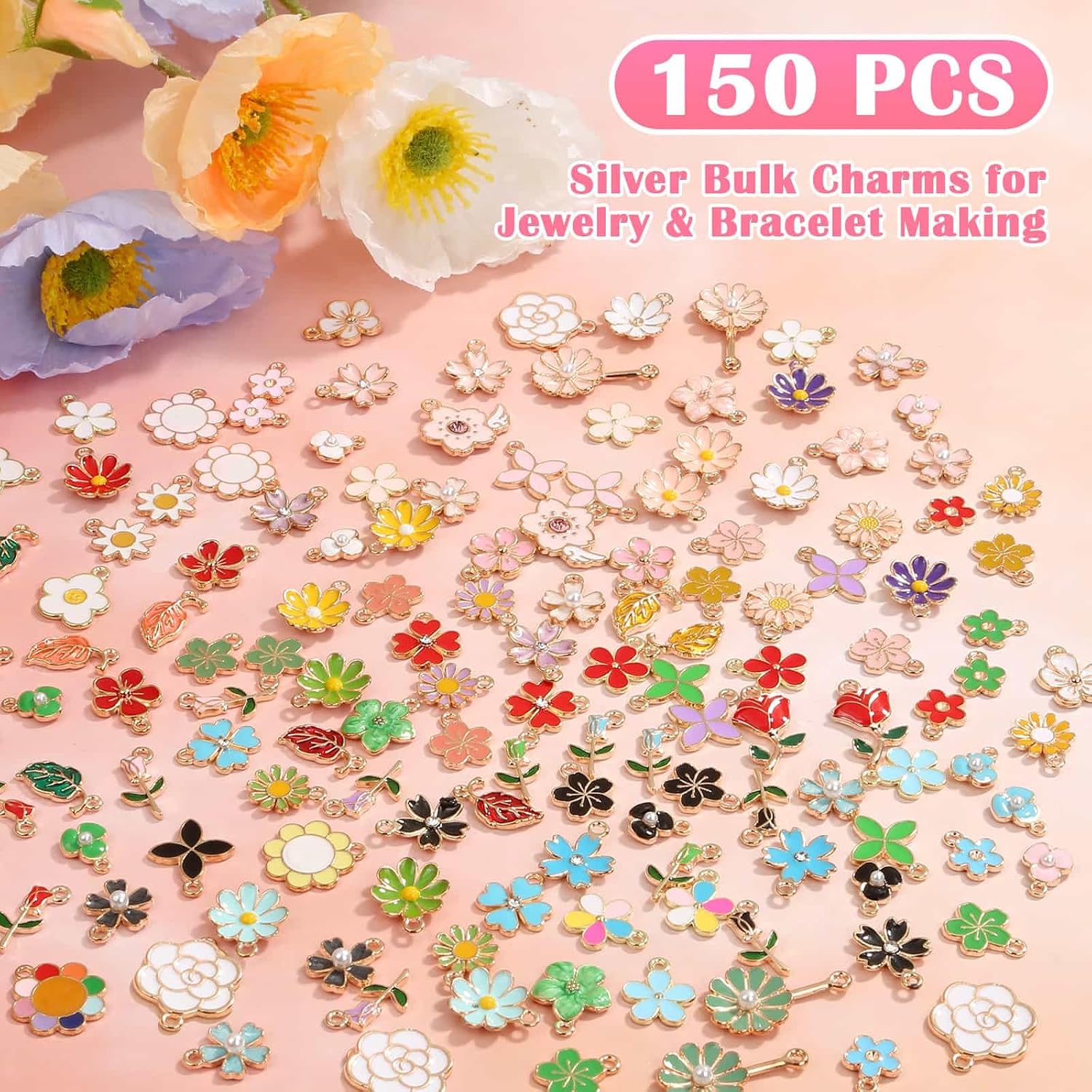 150 Pcs Flower Charms for Jewelry Making(75 Pairs), Assorted Wholesale Mixed Bulk Metal Earring Charms for DIY Necklace Bracelet Earring Jewelry Making and Crafting