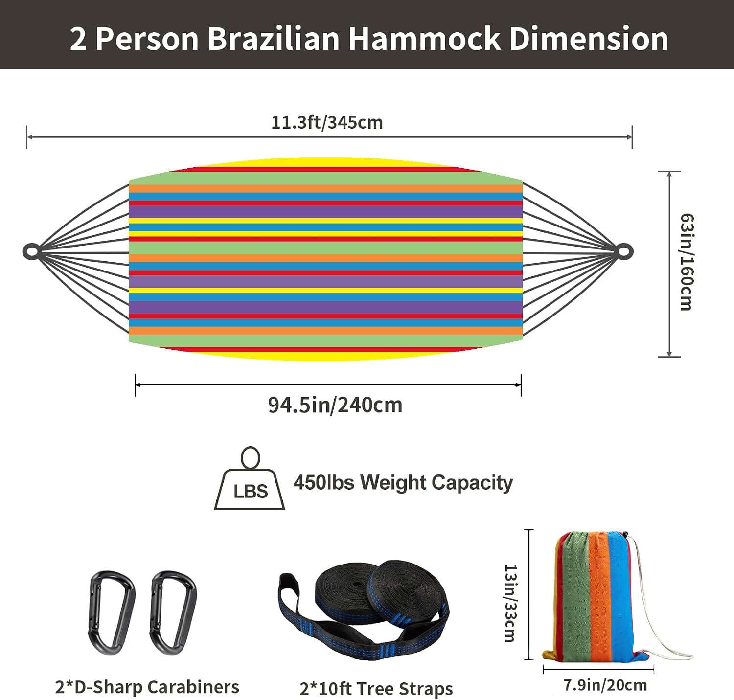 Brazilian Double Hammock with Tree Straps, Extra Large, 450 lbs Capacity