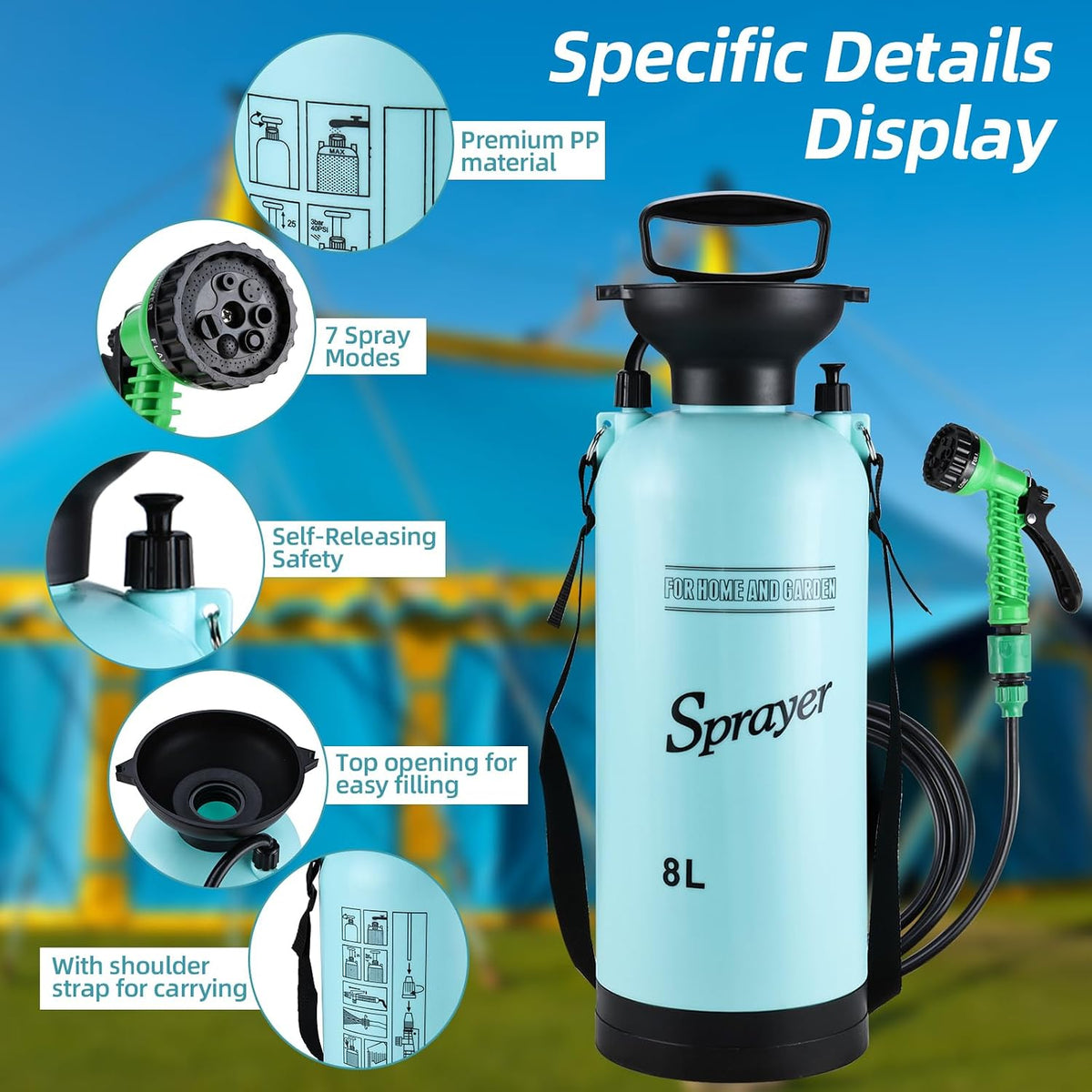 Portable Shower for Camping with 7 Spray Modes, Hand Press Camping Shower with Removable Hose and Shower Head,Pressure Rinse Kits for Hiking Traveling Garden Beach Pet Shower