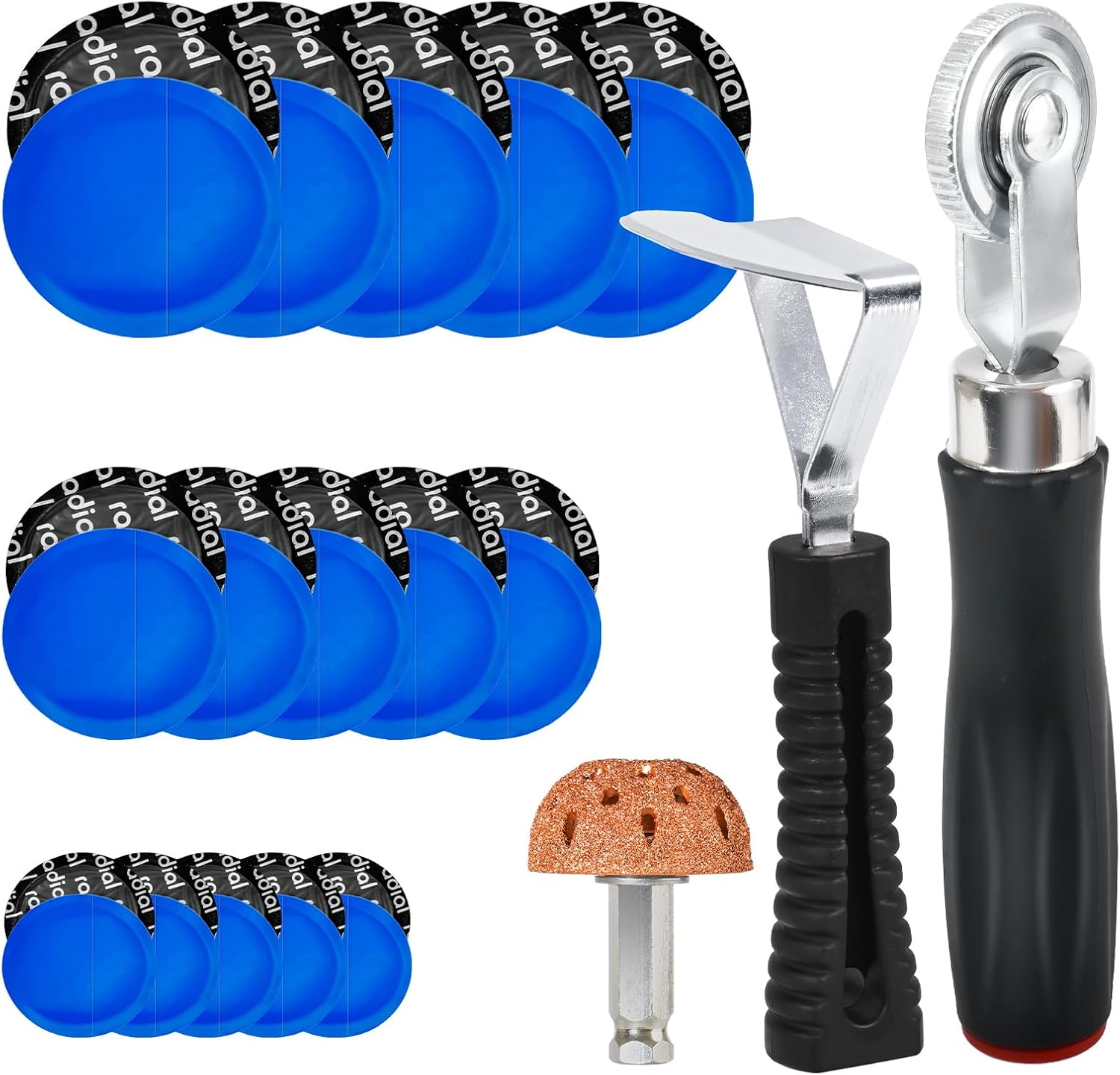 33PCS Tire Repair Patch Tools Tire Patch Kit, 30PCS Tire Patches(32mm/ 42mm/ 58mm with Tire Patch Roller, Tire Repair Buffing Wheel, Tire Inner Liner Scraper for Car Motorcycle Bike
