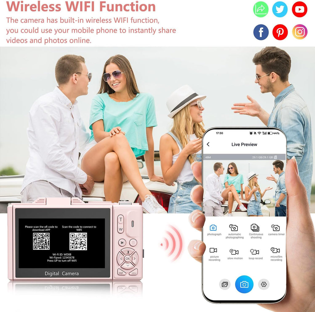 Digital Camera for Photography, 4K Vlogging Camera for YouTube 3" 180° Flip Screen 18X Digital Zoom Compact Cameras with 32GB TF Card & 2 Batteries, Pink