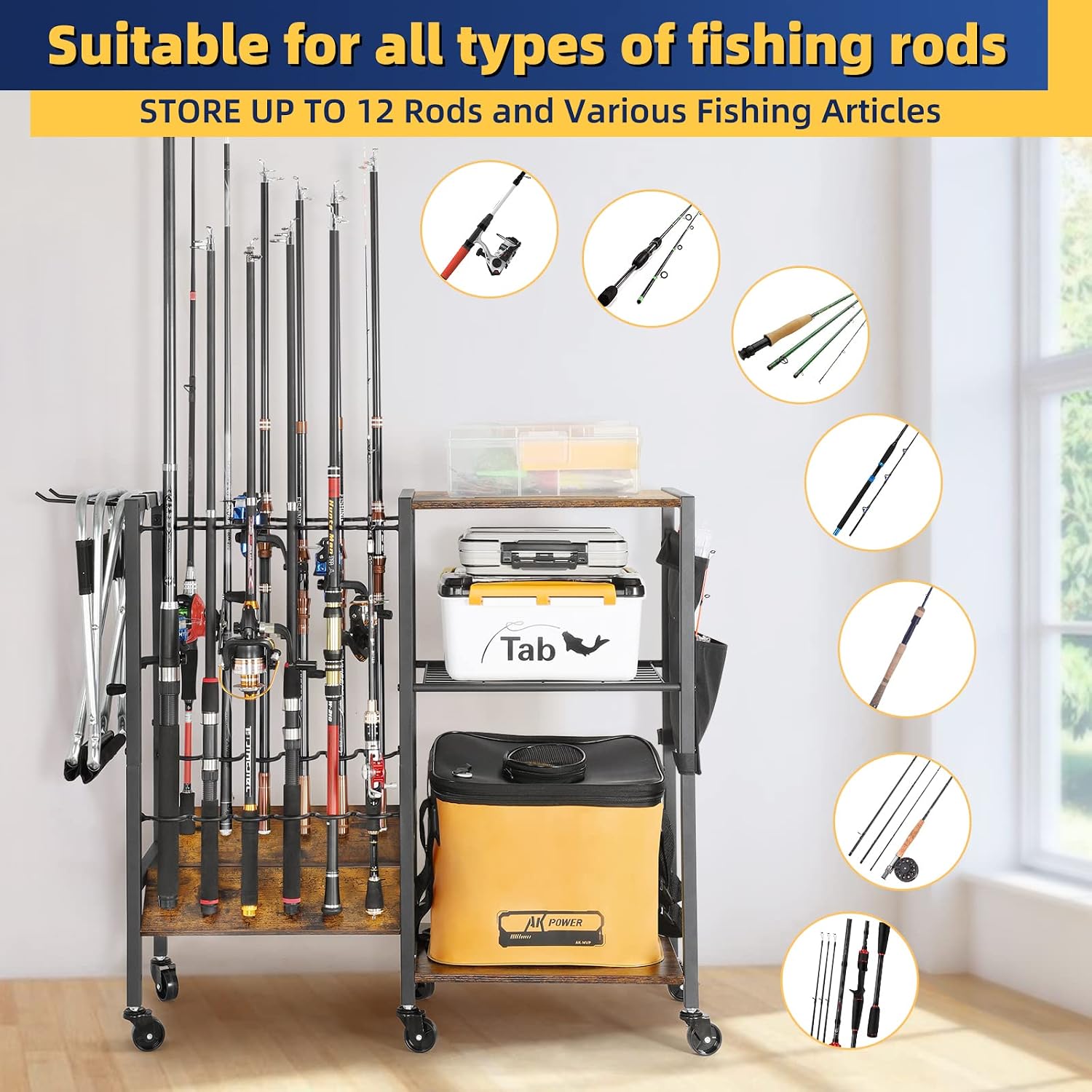 Olakee Fishing Rod Holders, Rolling Fishing Rod Rack for Garage & Boat, Tackle Box & Reel Holder Cart, Easy Assembly Fishing Gear Management System, Ideal Birthday Gift for Men Dad Anglers