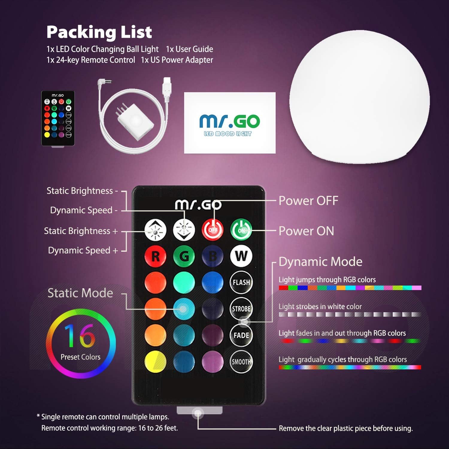 Mr.Go 16-inch Rechargeable LED Glowing Ball Light, Waterproof Orb Globe Lamp w/Remote, 16 RGB Colors 4 Light Effects, Ideal for Indoor/Outdoor Home Garden Pool Patio Party Decorative Lighting