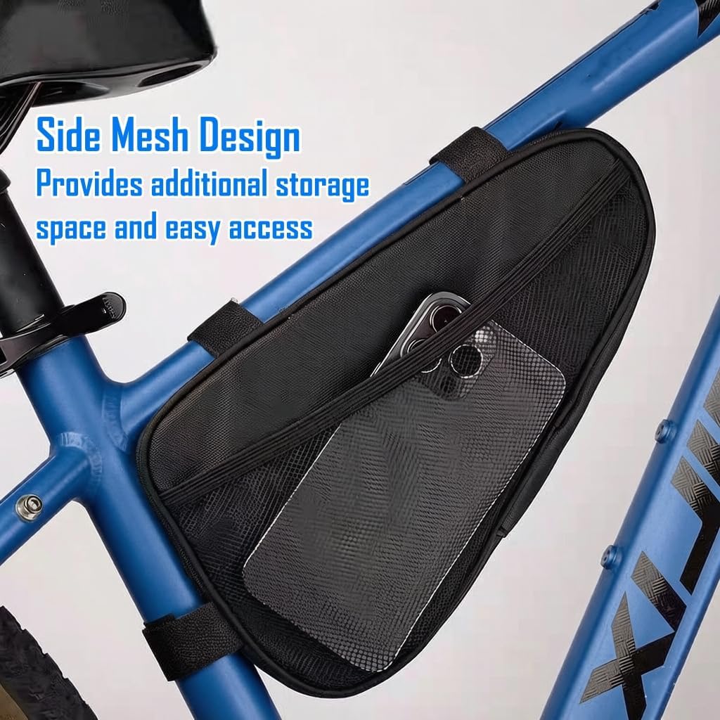 Bicycle frame bag, crossbar triangle bag, top tube bag; features a reflective triangular design and side mesh pockets; waterproof storage and tool bag for mountain and road bikes
