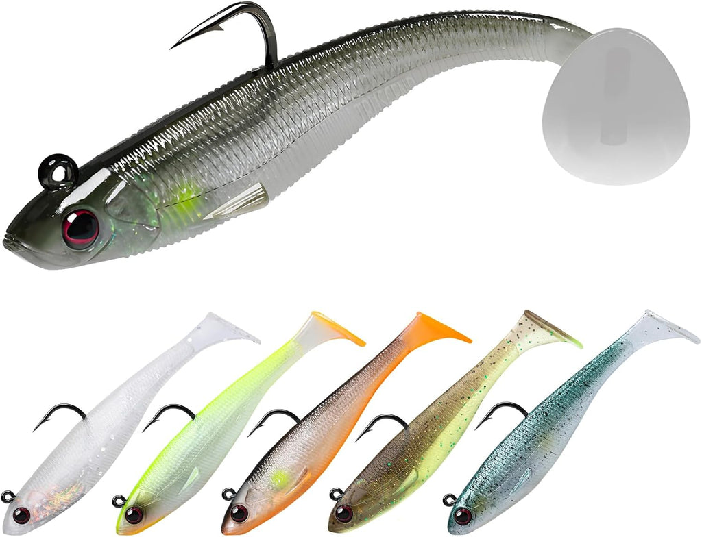TRUSCEND Shadtale Easy Catch Soft Fishing Lures with BKK Hooks - Trembly Sinking and Vibrating Swim for More Bites, Pre-Rigged Swimbaits for Bass, Trout, Crappie, Walleye, Freshwater Saltwater Fishing
