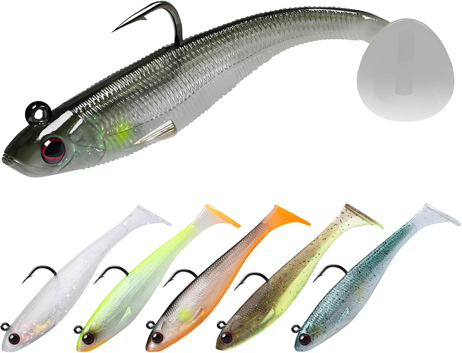 TRUSCEND Shadtale Easy Catch Soft Fishing Lures with BKK Hooks - Trembly Sinking and Vibrating Swim for More Bites, Pre-Rigged Swimbaits for Bass, Trout, Crappie, Walleye, Freshwater Saltwater Fishing