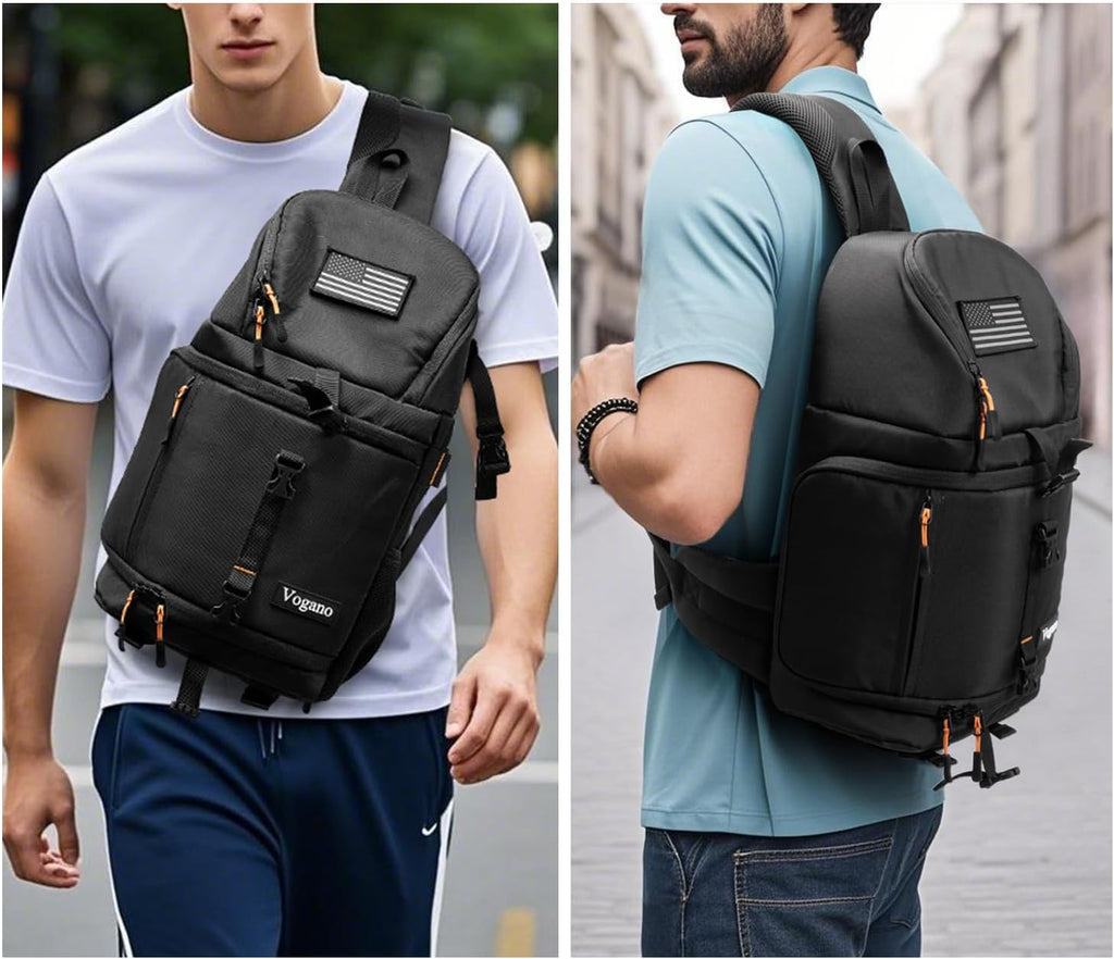 Vogano Camera Sling Bag for Photographers - Waterproof Single-Shoulder Camera Case with Adjustable Dividers, Rain Cover & Side Tripod Pocket