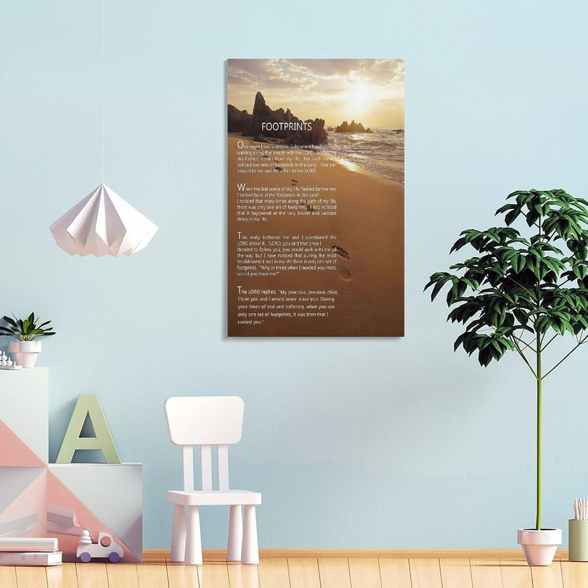 Footprints in the Sand Religious Canvas Wall Art Posters, Inspirational Beach Sunset Poem Print Poster (Framed 20x30inch, Footprints(2))