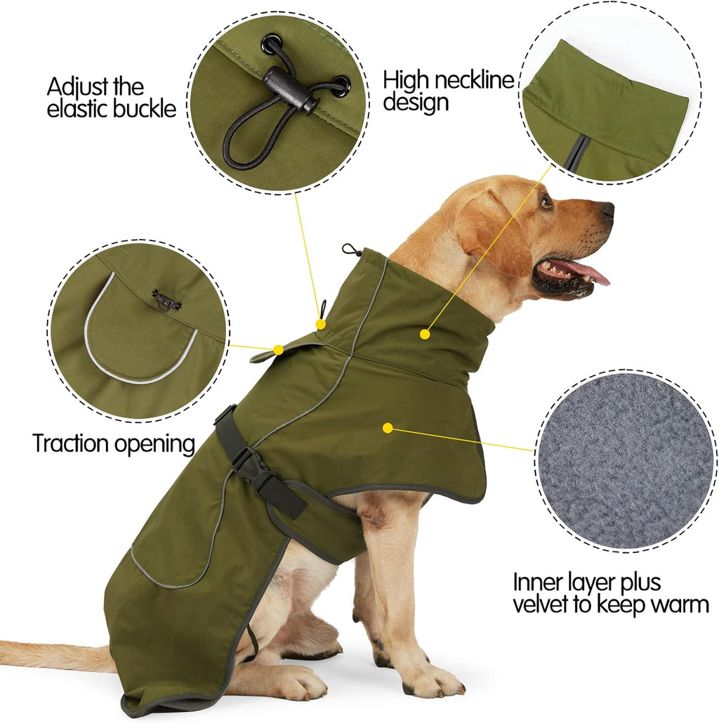 JOHNBOLIN Dog Winter Jacket & Raincoat - Waterproof Windproof Reflective Coat with Warm Insulation, All-Weather Hiking Travel Gear for Indoor/Outdoor Use(Military Green, Large)