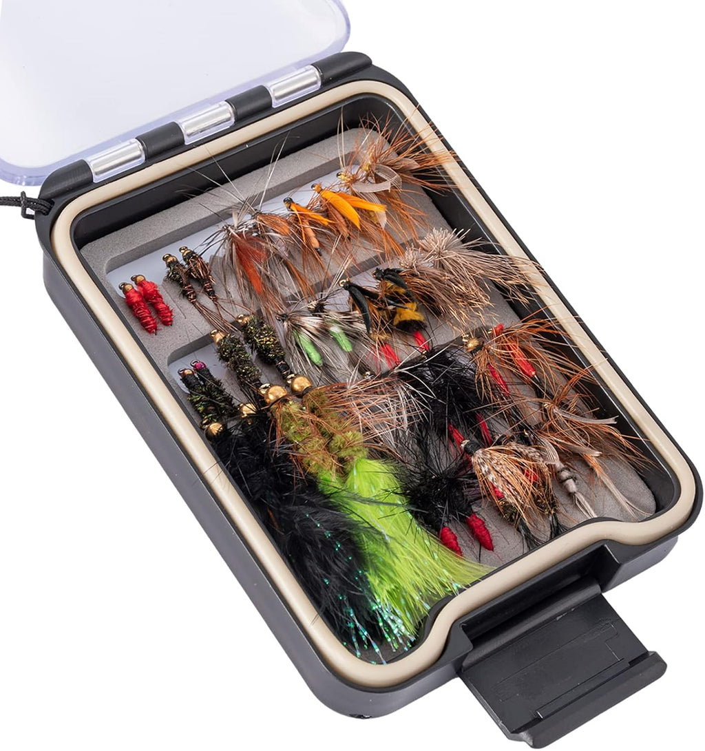 Hand-Tied Fly Fishing Flies Kit, Dry Wet Flies Nymphs Streamers Assortment for Trout & Bass with Waterproof Fly Box