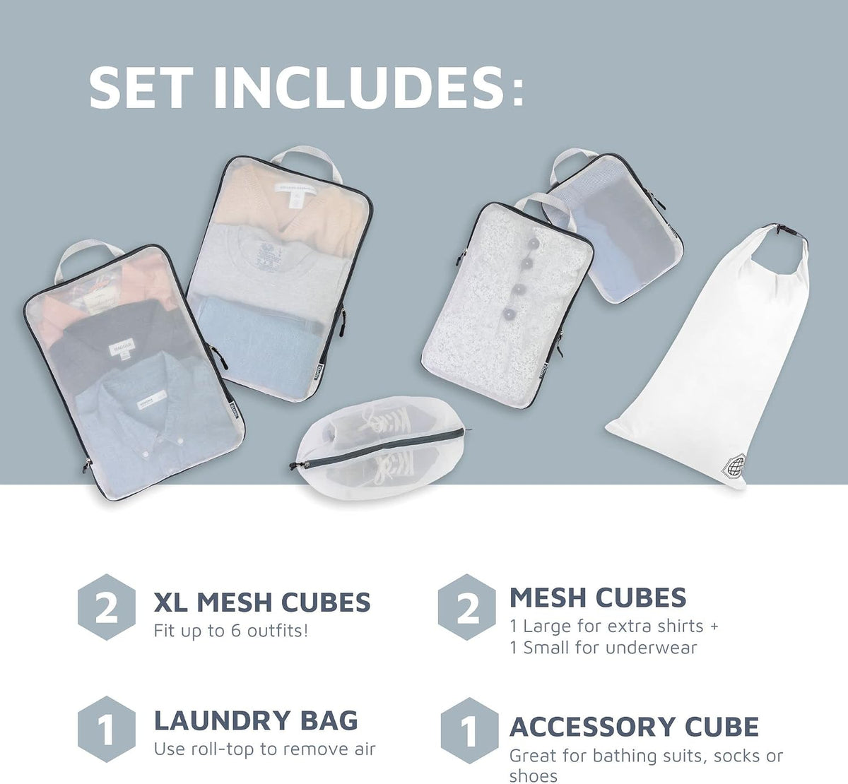 TRIPPED Travel Gear Large Compression Packing Cubes with Mesh 6-Piece Set