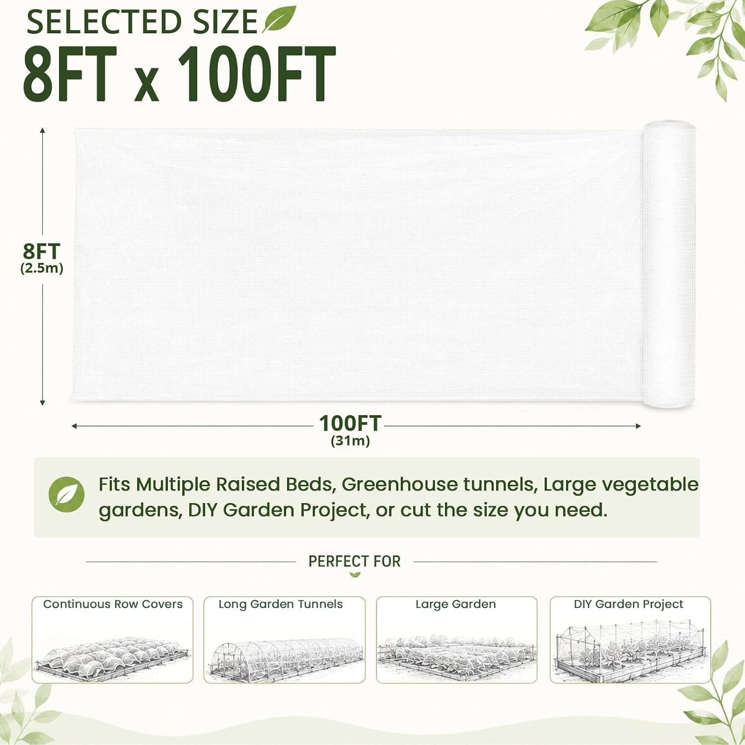 Roll Packed 8x100FT Garden Netting, Fine Mesh Insect Barrier for Plants