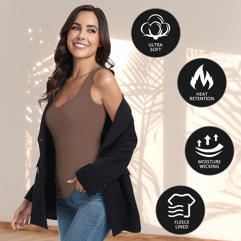 WOWENY Thermal Fleece Tank Top for Women V Neck Sleeveless Shirts Camisole Warm Base Layer Cami Vest Underwear Tops