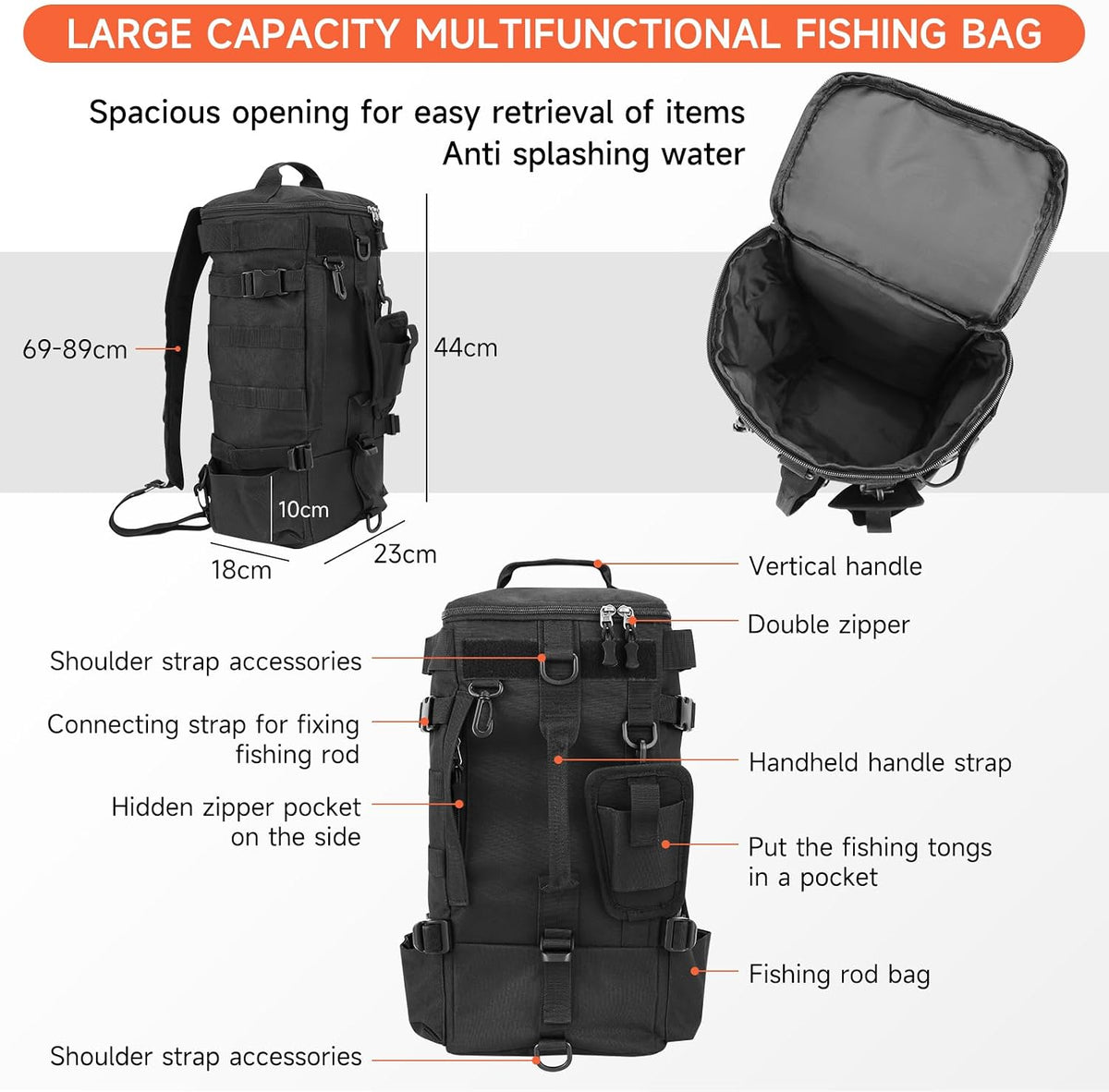 KOMCLUB Black Fishing Sling Tackle Storage Backpack, Large with Rain Cover‌