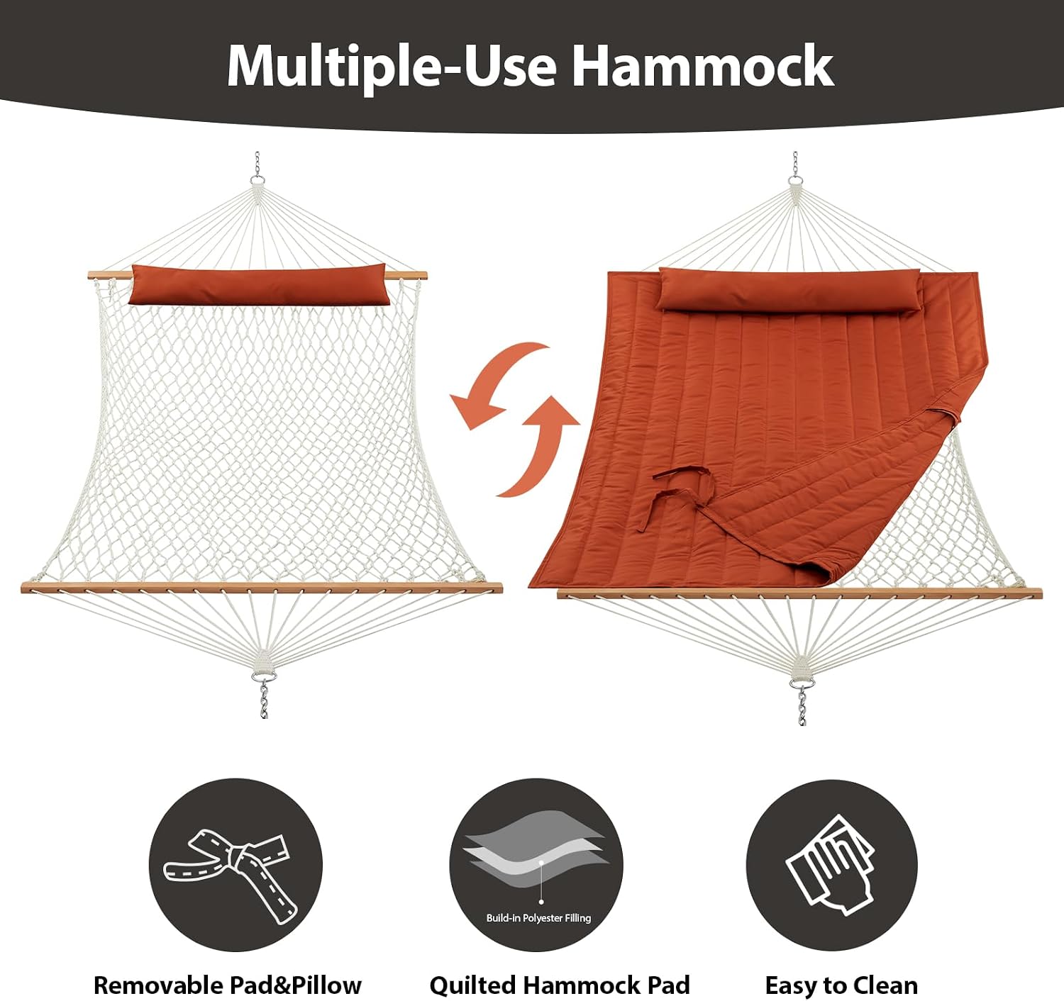 CHULIM Outdoor Double Hammock with Hardwood Spreader Bars, Large Rope Hammock with Polyester Pad and Pillow, 475 LBS Capacity for 2 Person Patio Backyard Poolside - Terracotta