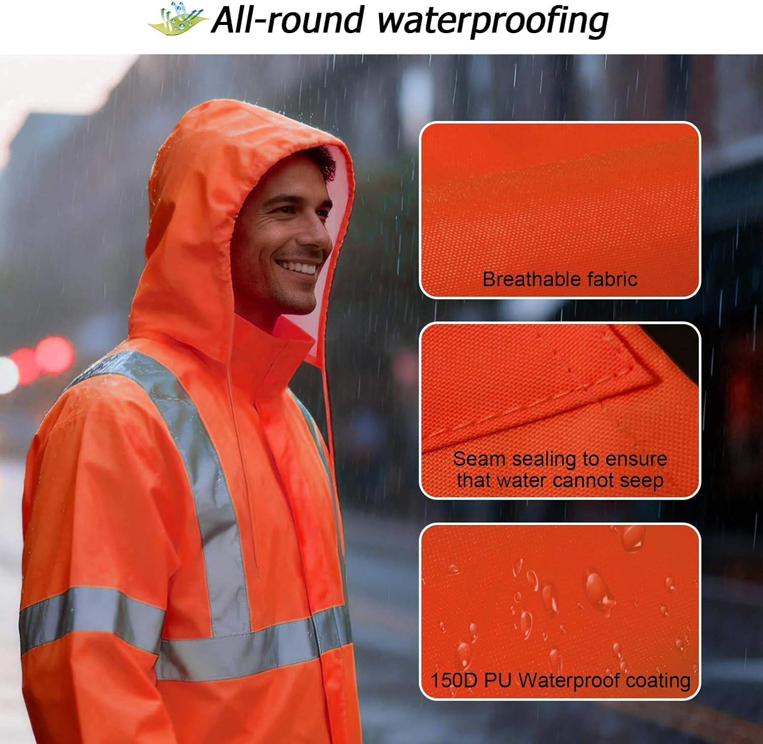 High Visibility Rain Suit, High Vis Rain Coat, Orange, 4XL-5XL