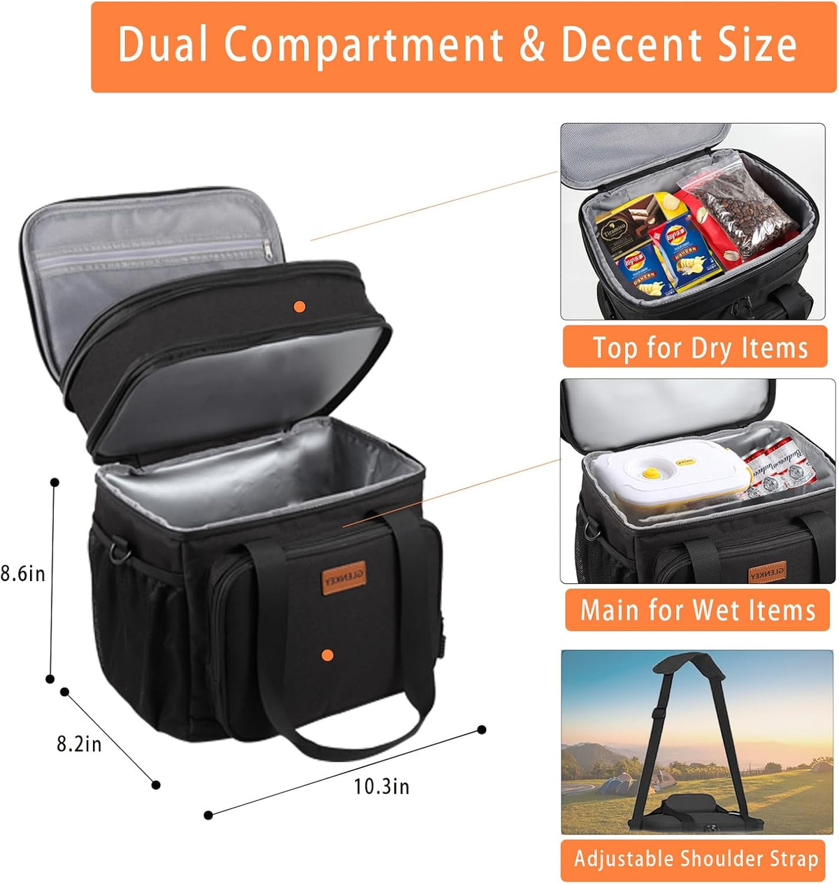 GLENKEY Expandable Lunch Box Insulated Leakproof Cooler Bag Work Outdoor