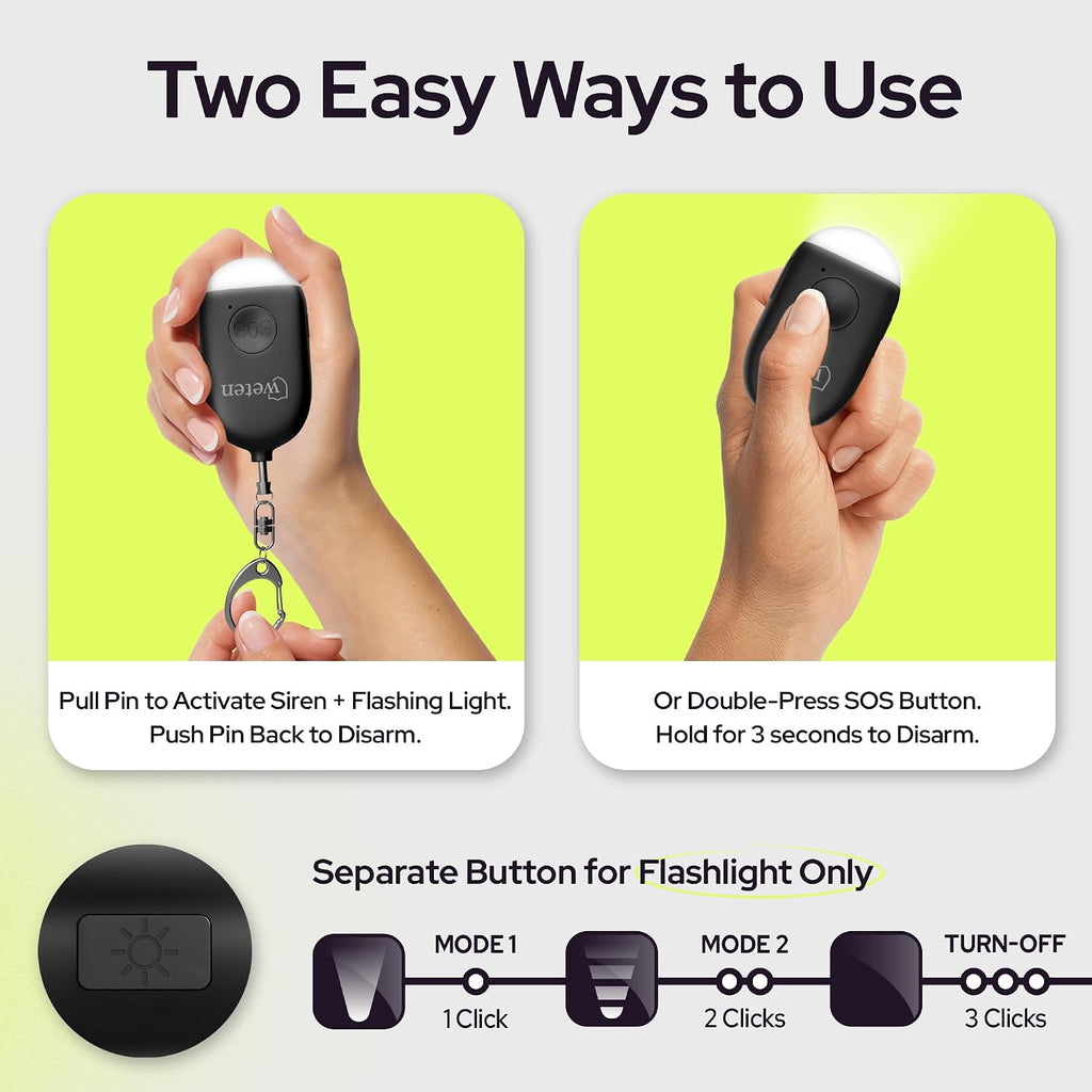 Rechargeable Personal Alarm Keychain for Women, 130dB Siren, Black